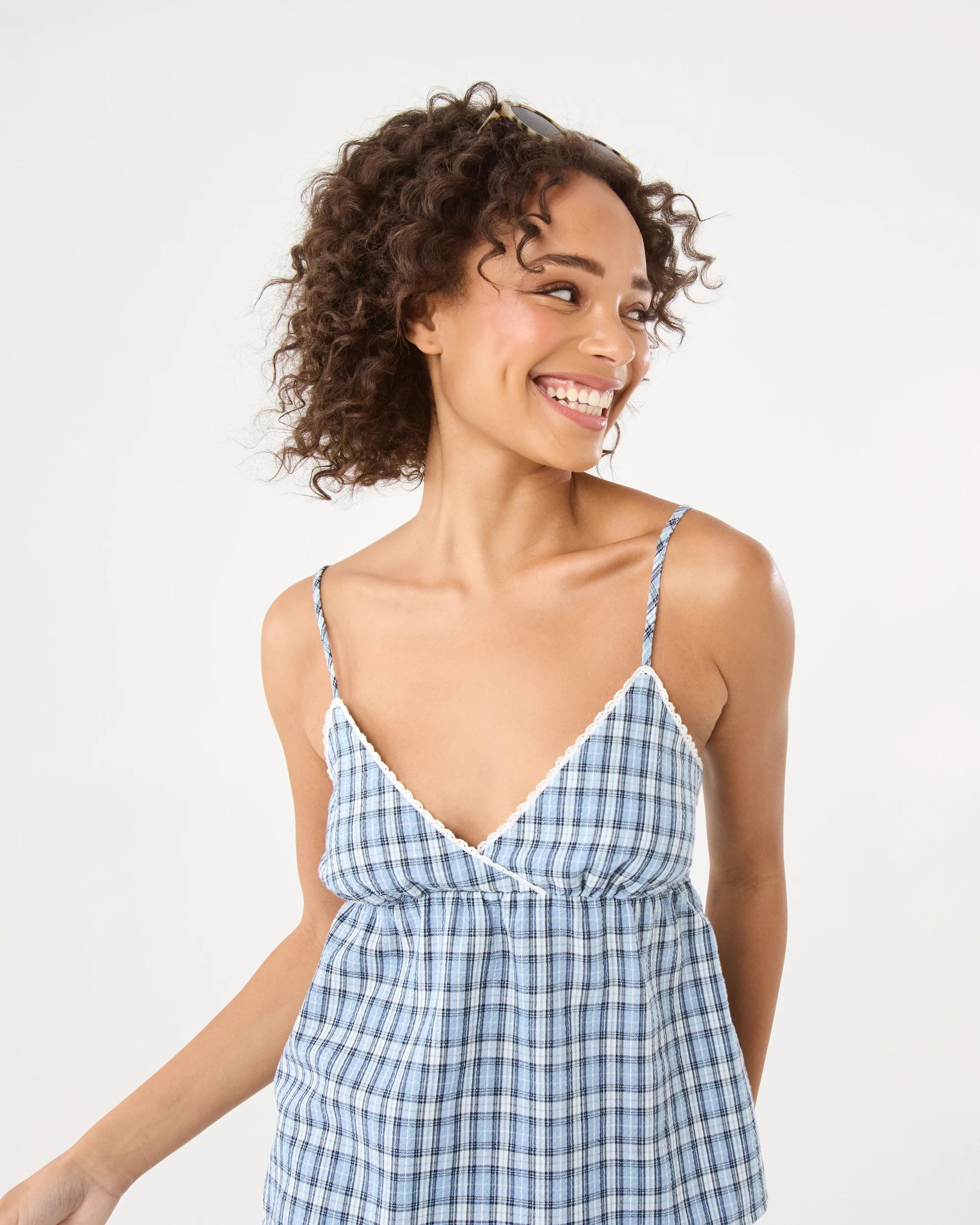 7 Sleeveless V-Neck Check Cami Blue Check, 7 of 10