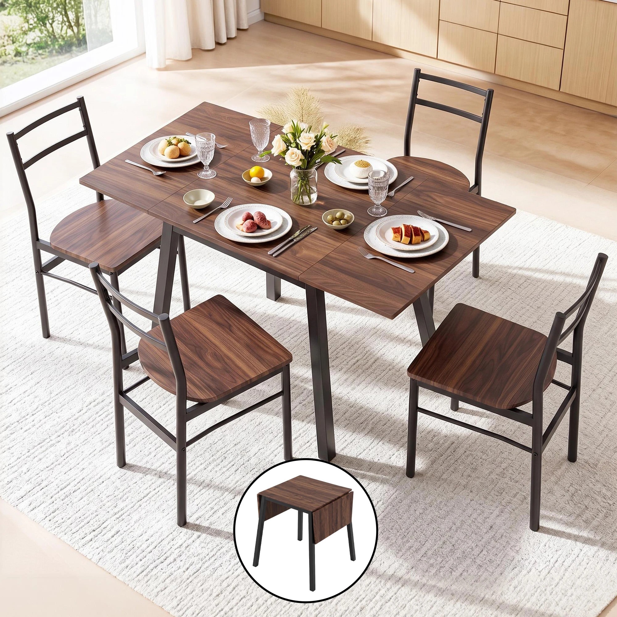 9 Artiss Dining Table and Chairs Set 5pcs with Extendable 60-120cm Drop-Leaf Table - Multi, 9 of 9