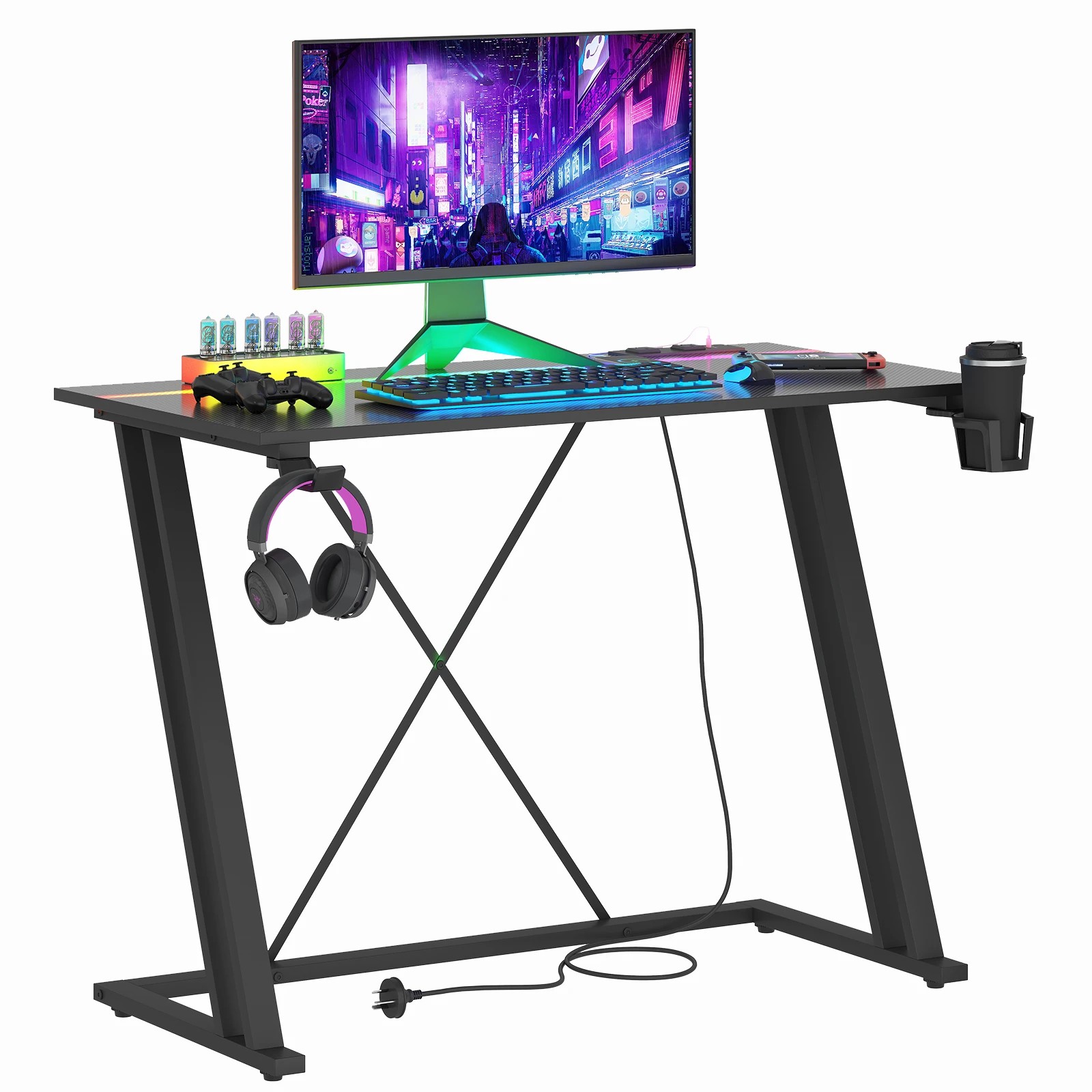 1 Advwin Gaming Desk Built-in Led Lights & Power Outlets 100cm Carbon Fiber Surface Computer Desk Black, 1 of 4