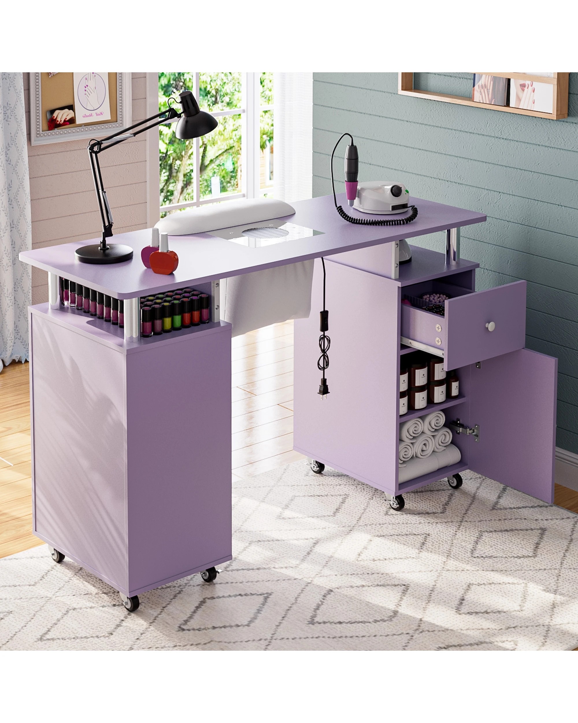 3 Advwin Manicure Table Vanity Desk for Nail Tech with Dust Collector Wrist Rest Lockable Wheels - Purple, 3 of 10