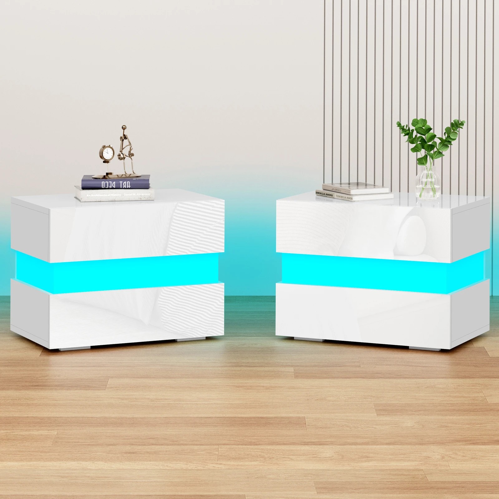 2 Alfordson 2x Bedside Table LED Nightstand 2 Drawers Gloss - White, 2 of 10