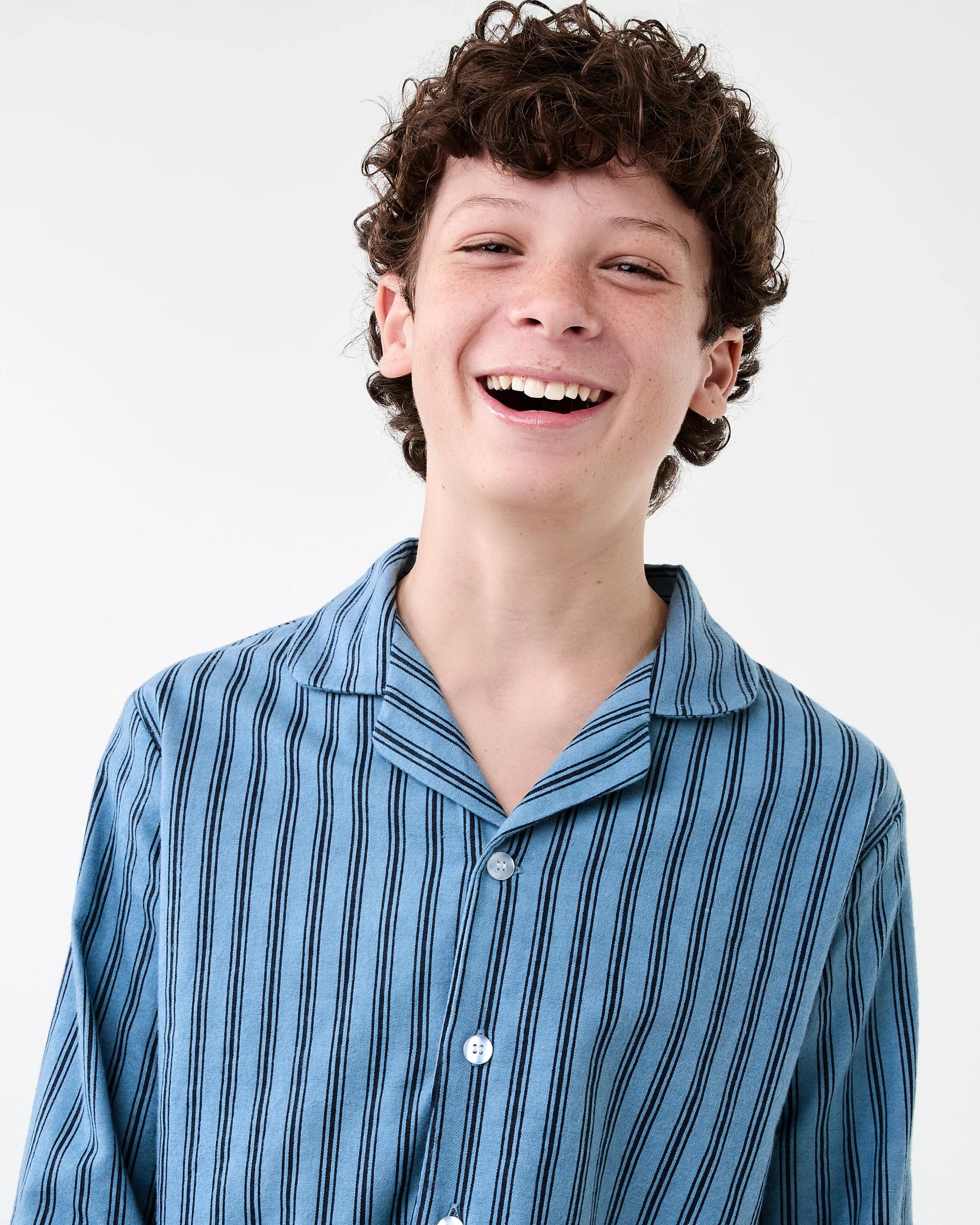 3 Flannel Pyjama Set Blu Stripe, 3 of 10