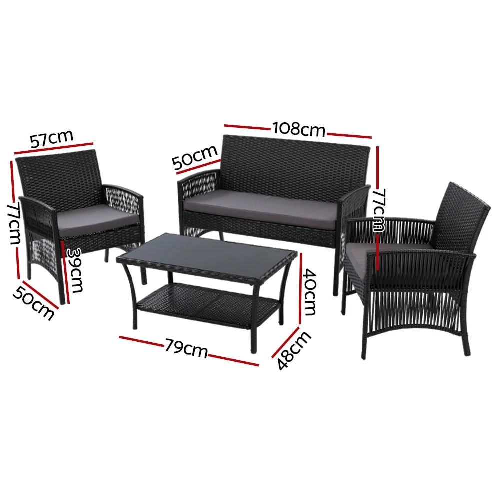 2 Gardeon 4PCS OutdoorSofa Set with Storage Cover Wicker Harp Chair Table - Black, 2 of 6