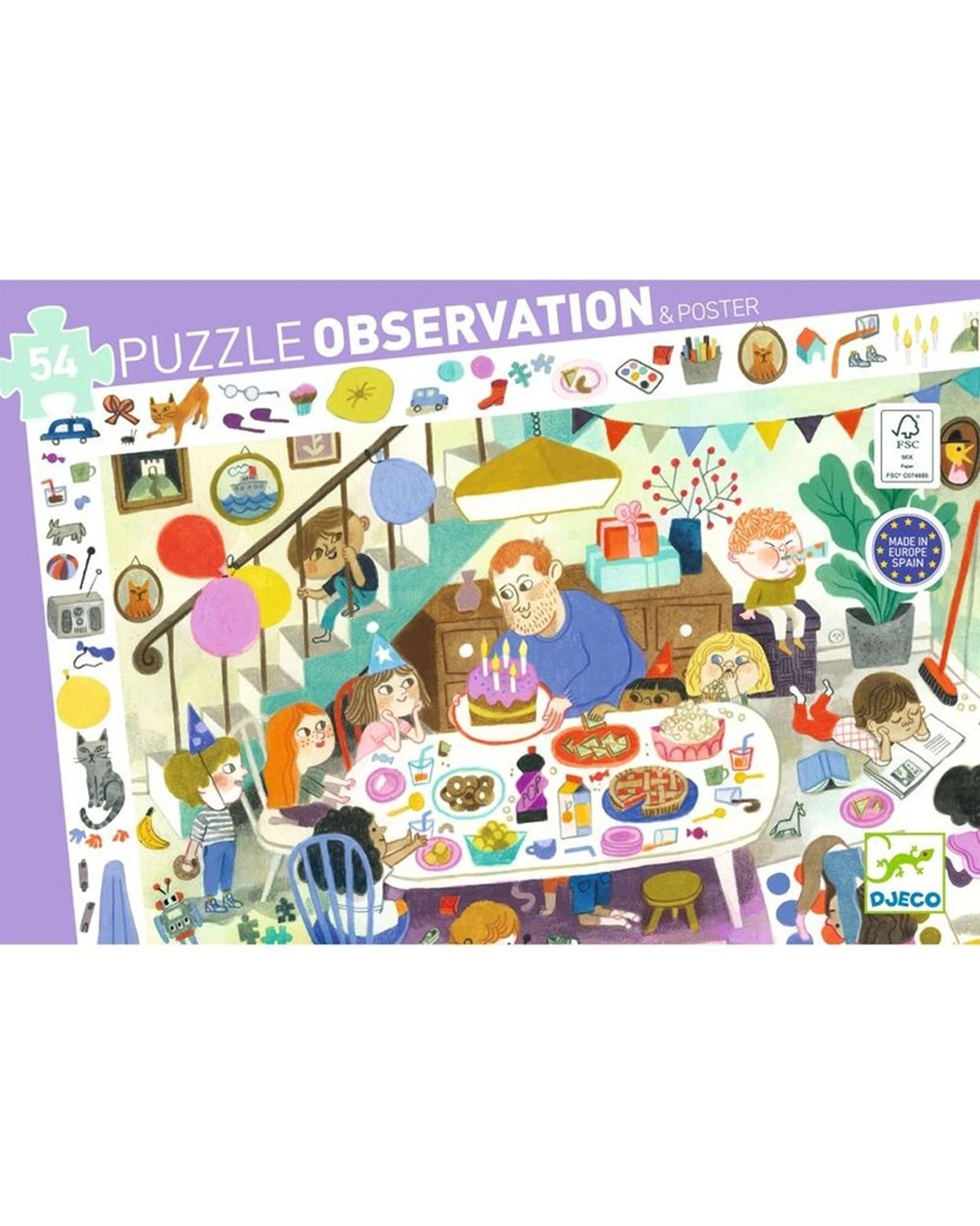 Djeco 54pc Birthday Party Observation Puzzle With Poster Kids - Purple ...