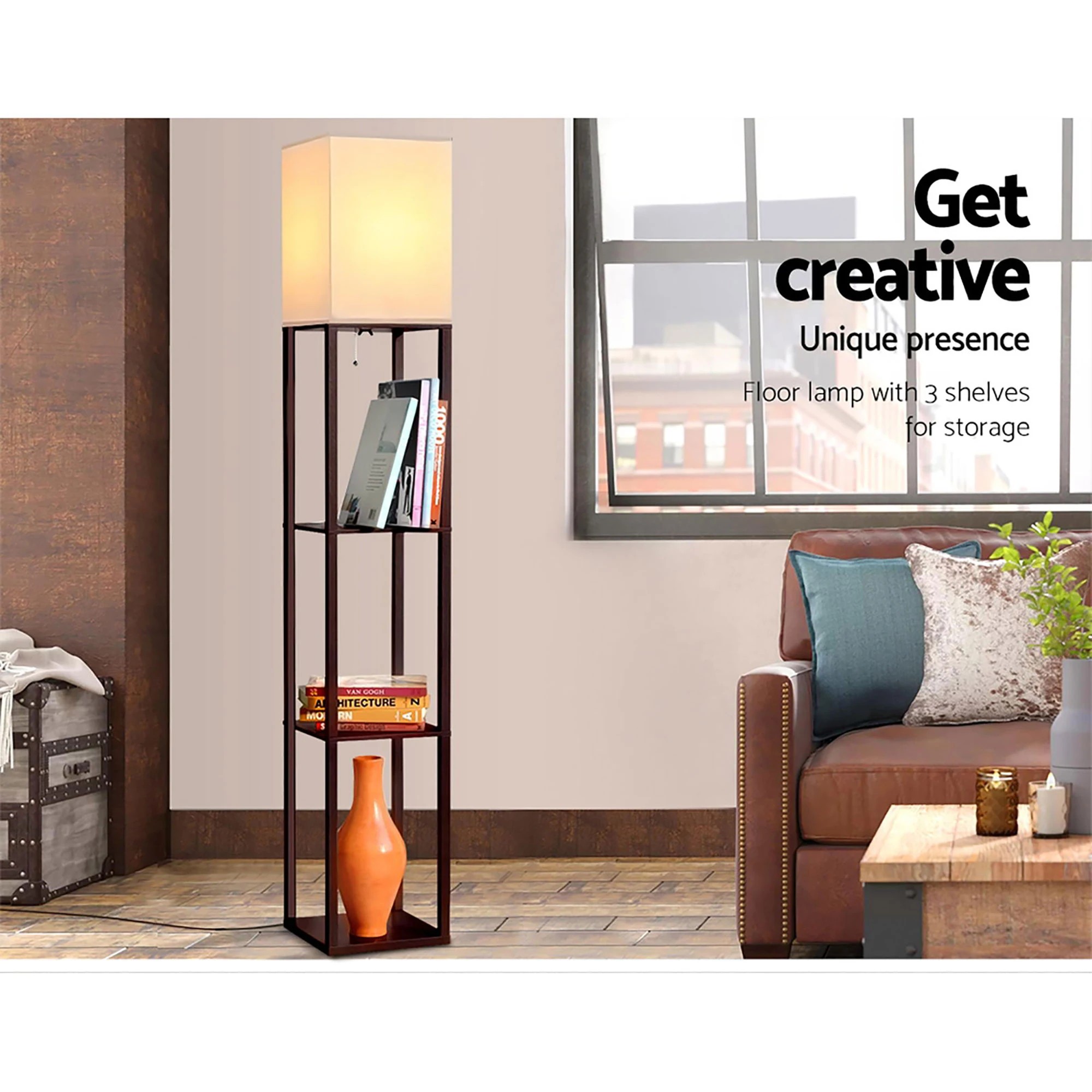 3 Artiss Floor Lamp 3 Tier Shelf Storage LED Light Stand Home Room Vintage - Brown, 3 of 7
