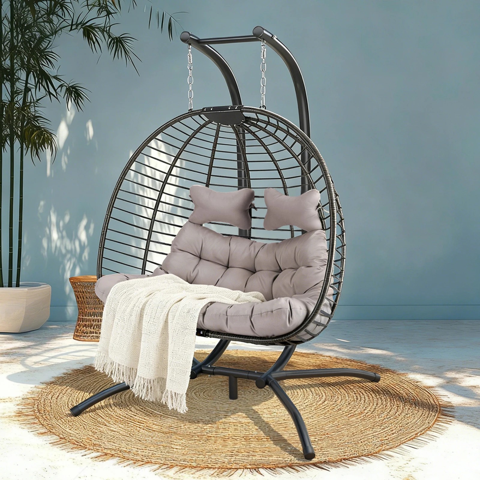 5 Alfordson Outdoor Egg Swing Chair 2 Seater Wicker Rattan Pod Hanging - Light Grey, 5 of 10