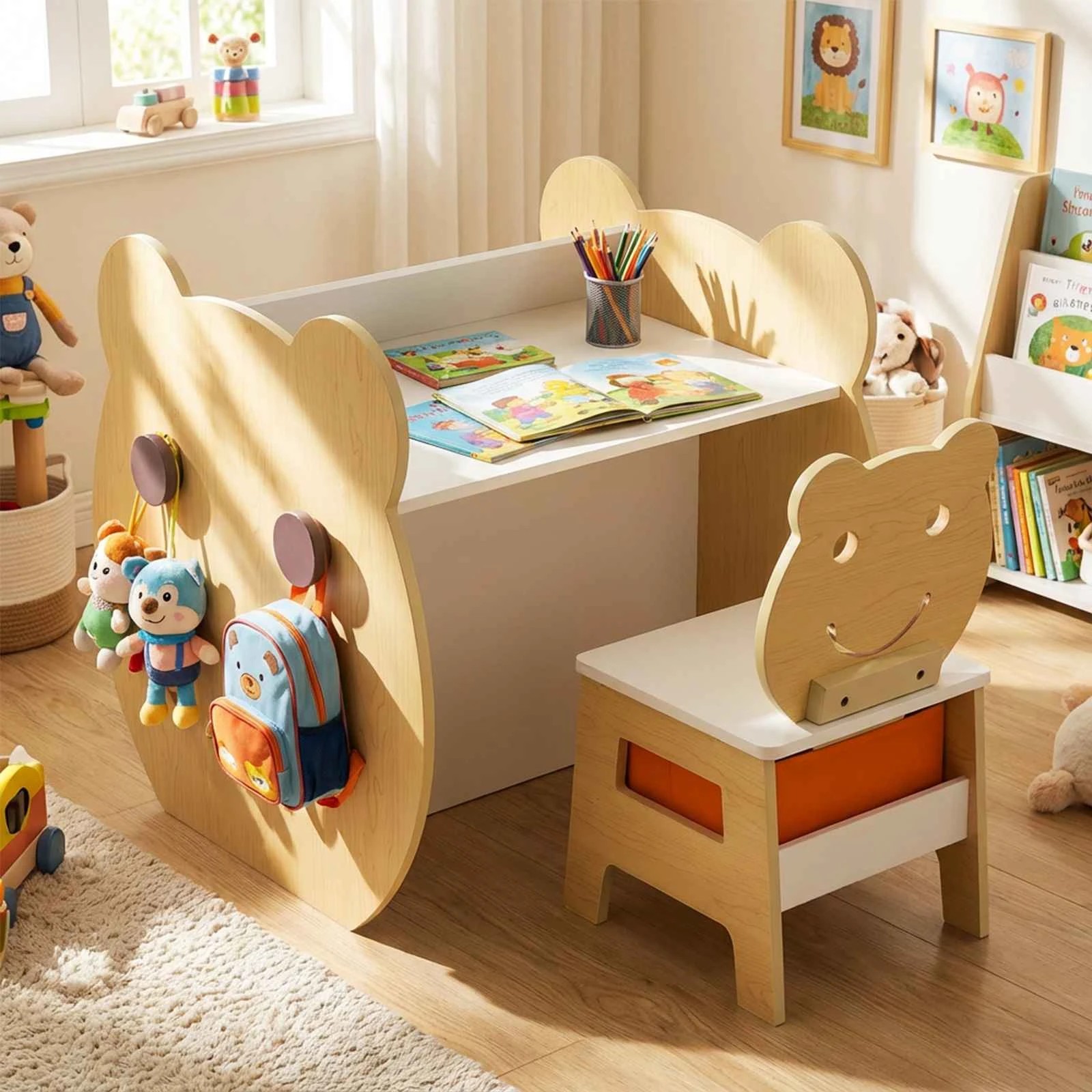 3 Costway Bear Art Table Chair Set 3in1 Activity Table Blackboard & Whiteboard, 3 of 3