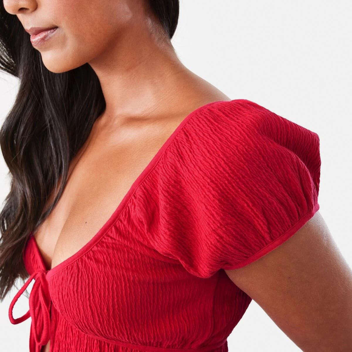6 Short Sleeve Textured Tie Front Top Strawberry, 6 of 7