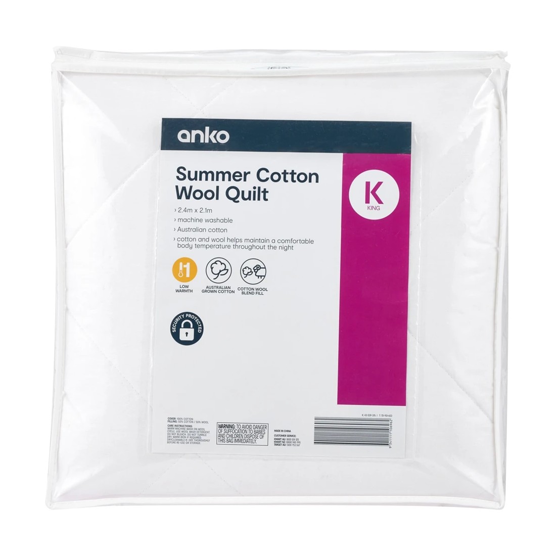 1 Low Warmth Summer Cotton Wool Quilt - King Bed, White, 1 of 4