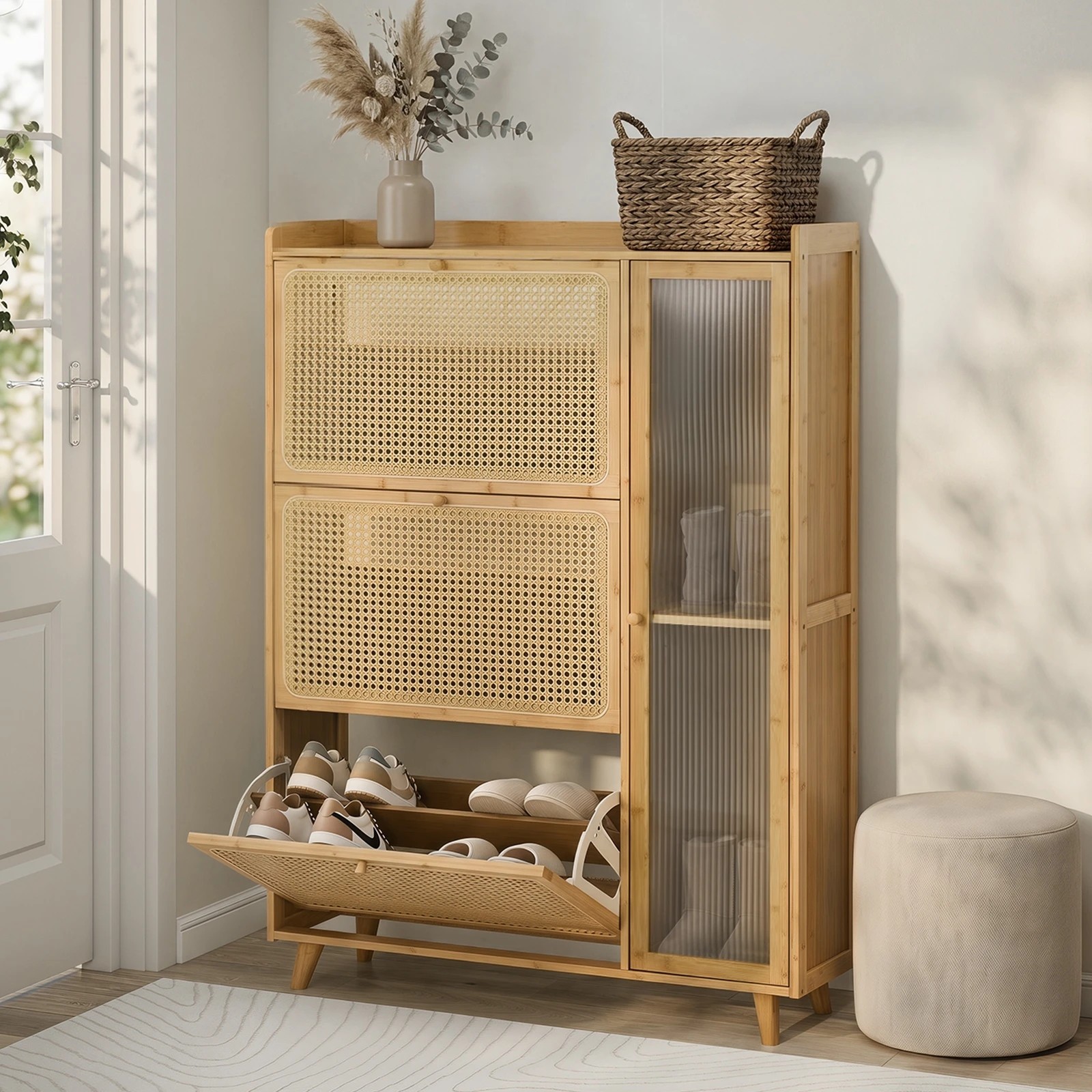 3 Oikiture Bamboo Shoe Storage Cabinet 3 Compartments Rack Single Door - Natural, 3 of 8