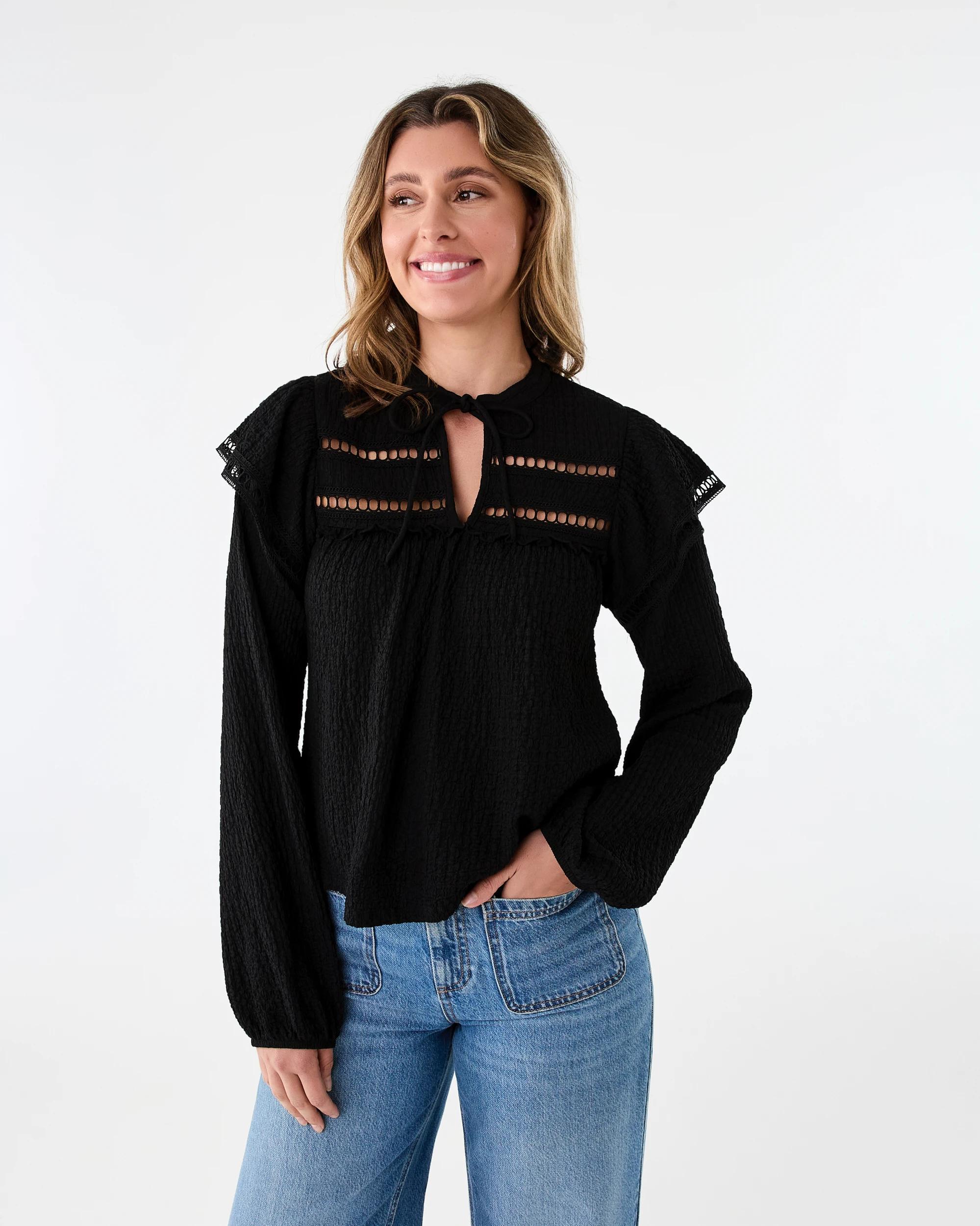 1 Long Sleeve Ruffle Detail Top Black, 1 of 8