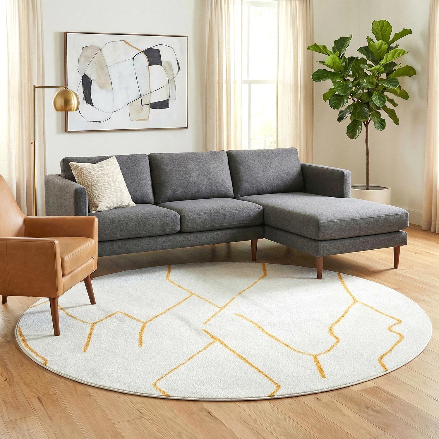 1 Common Ground Rugs Elysium Ivy Gold Round 240x240cm - Large Round Power Loomed Pet Friendly Rug - Natural, 1 of 7