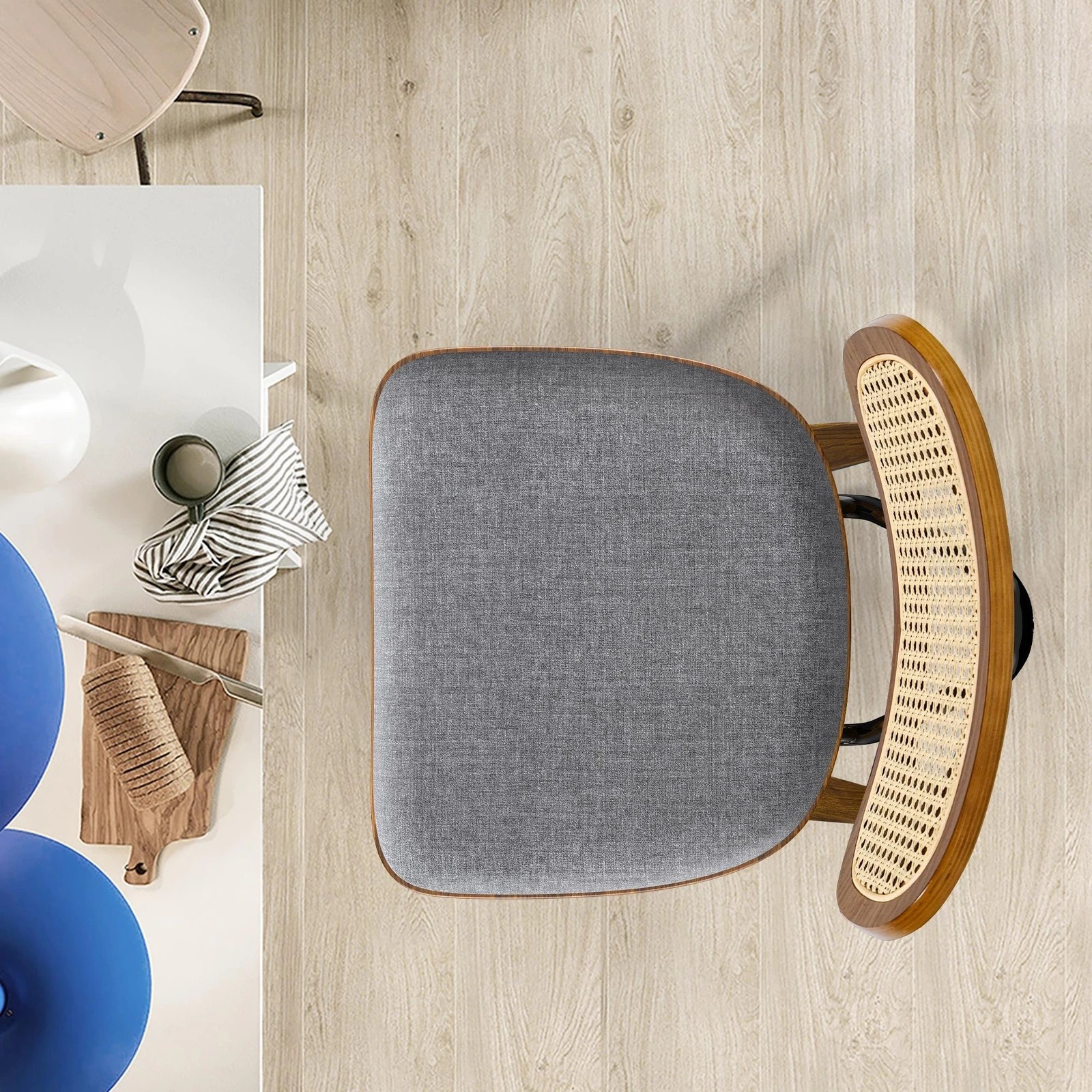 4 Alfordson 2x Bar Stools Kitchen Vintage Fabric Seat Rattan Chair Wooden - Grey, 4 of 8