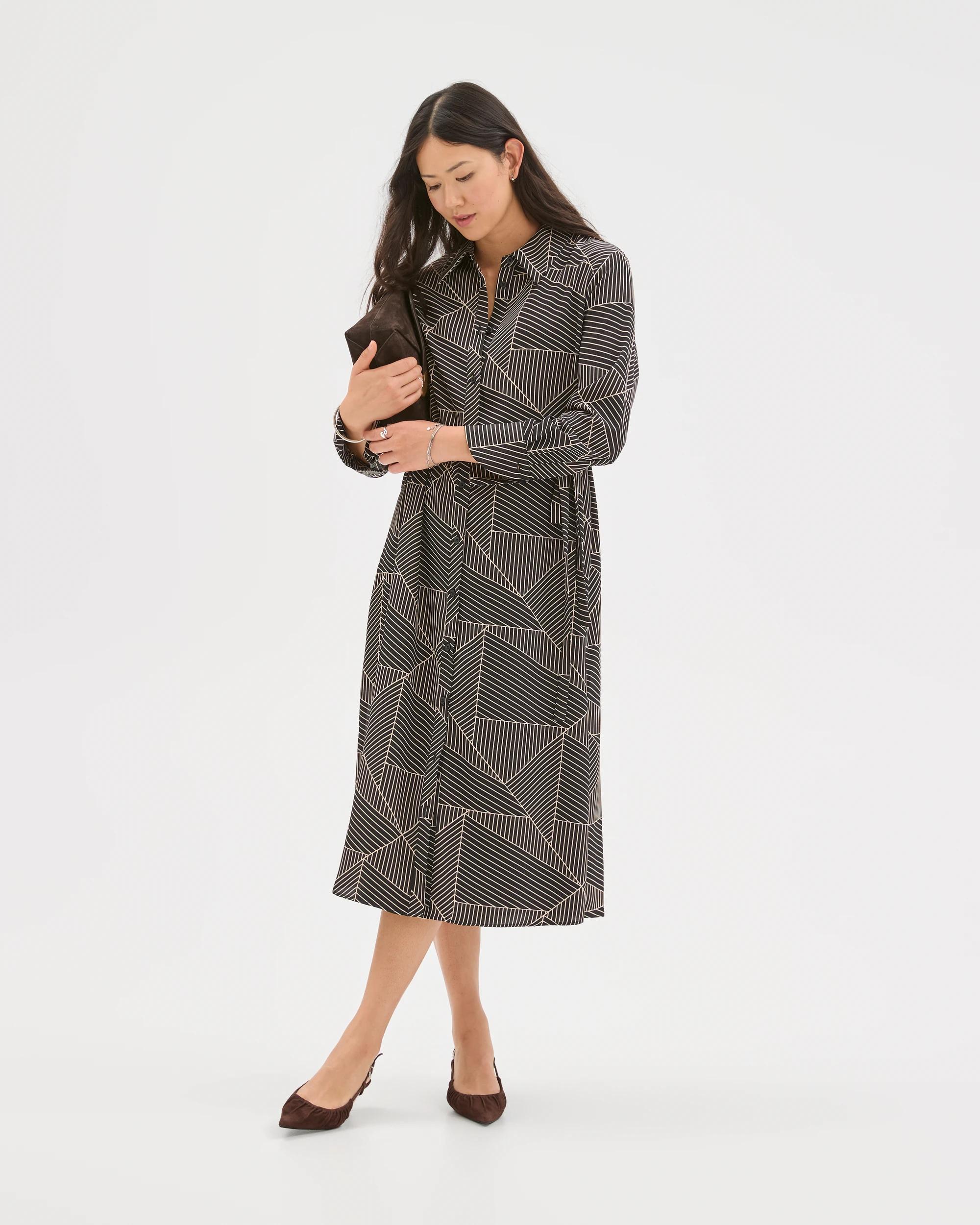 1 Preview Long Sleeve Crossover Midi Shirt Dress BLACK SPLICED GEO, 1 of 7