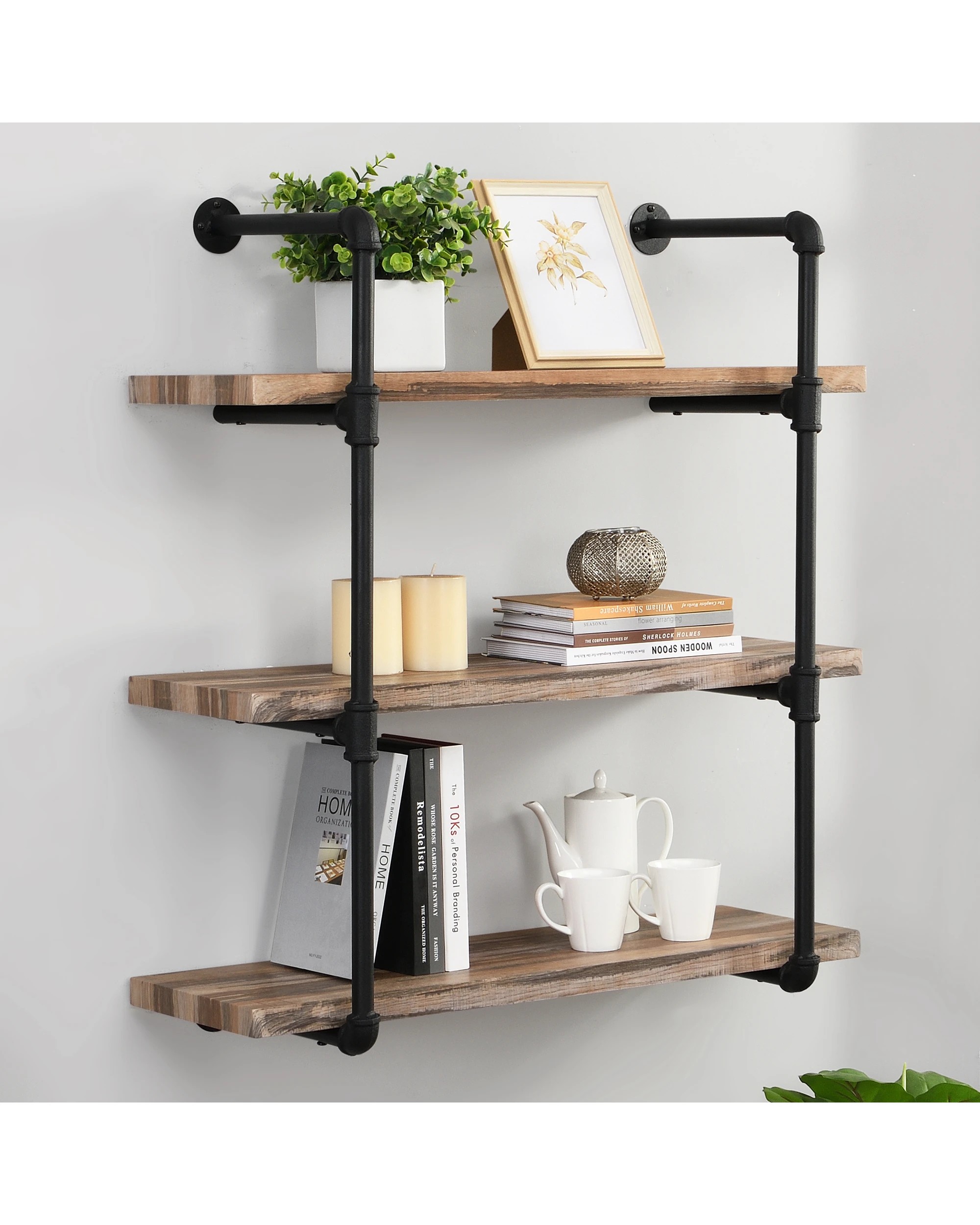 2 IHOMDEC 3 Tier Industrial Pipe Wall Shelf, 2 of 5