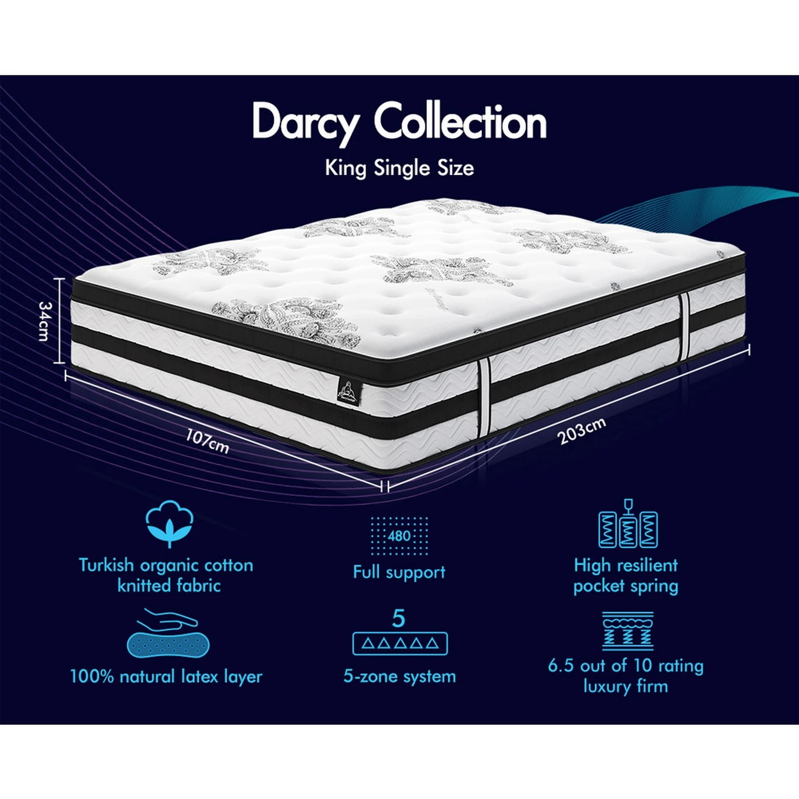 9 Starry Eucalypt Mattress Pocket Spring Latex Euro Top 34cm 5 zone - King Single Bed, 9 of 10