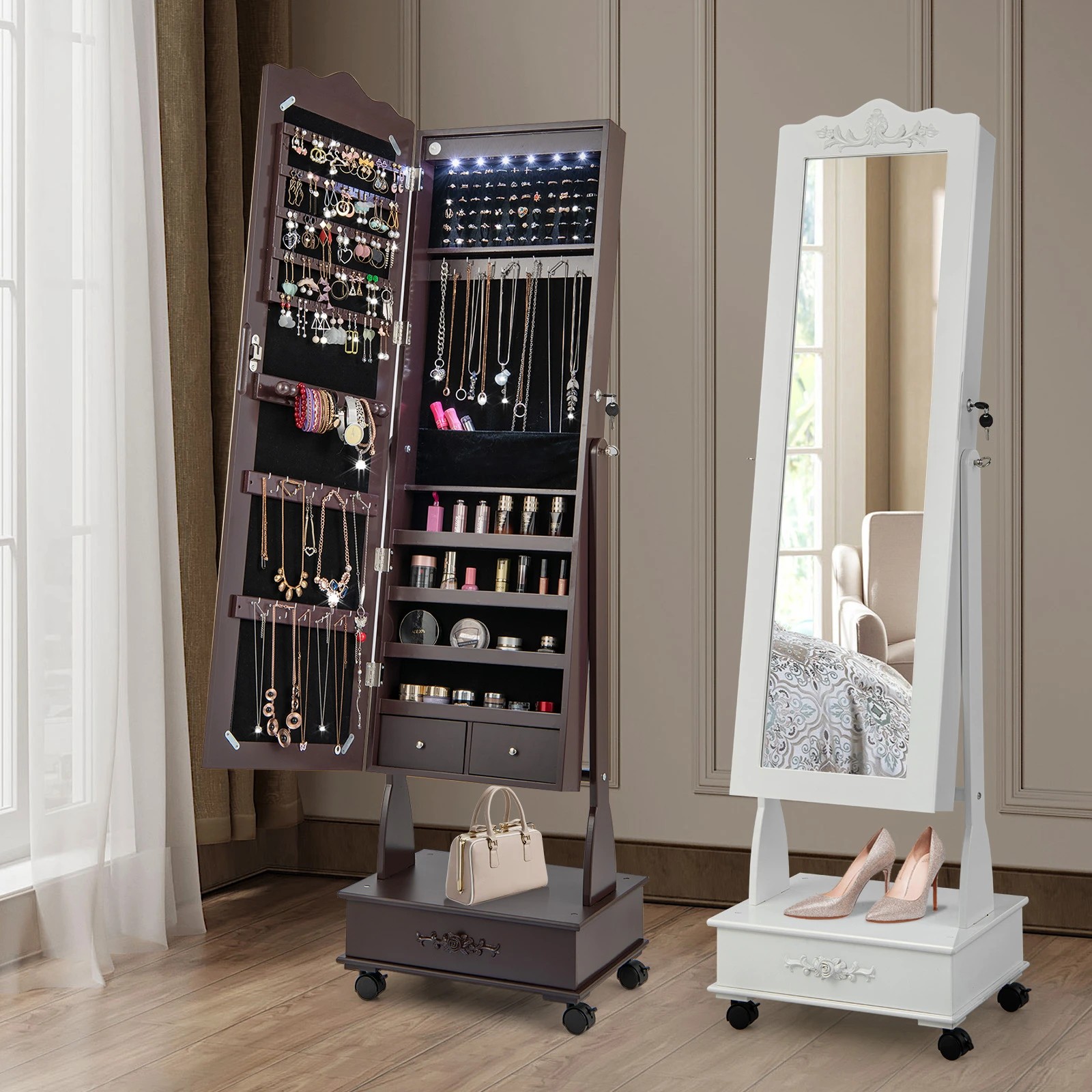 2 Costway Mobile Mirror Jewellery Cabinet Makeup Jewelry Storage Organizer Box w/LED Drawers - White, 2 of 5
