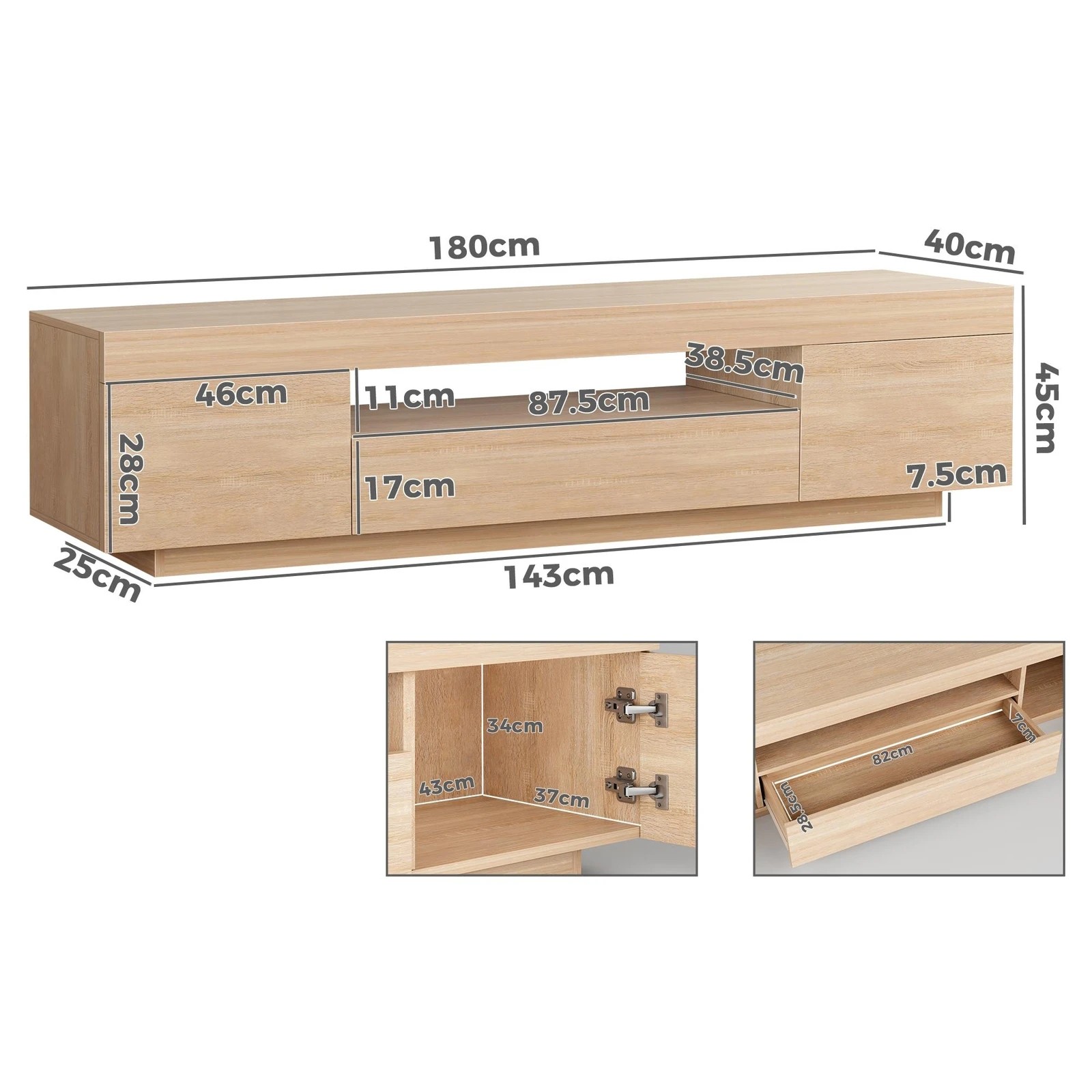 2 Alfordson Entertainment Unit 180cm TV Cabinet Stand Storage LED Light - Oak, 2 of 10