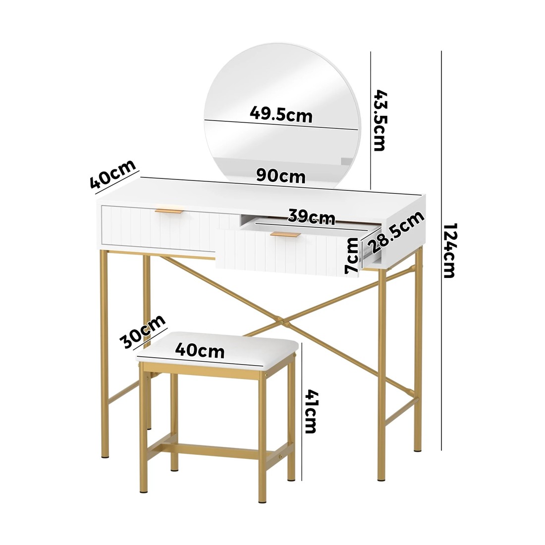 9 Oikiture Dressing Table Stool Set With Mirror Vanity Makeup Desk 2 Drawers
 - White, 9 of 9