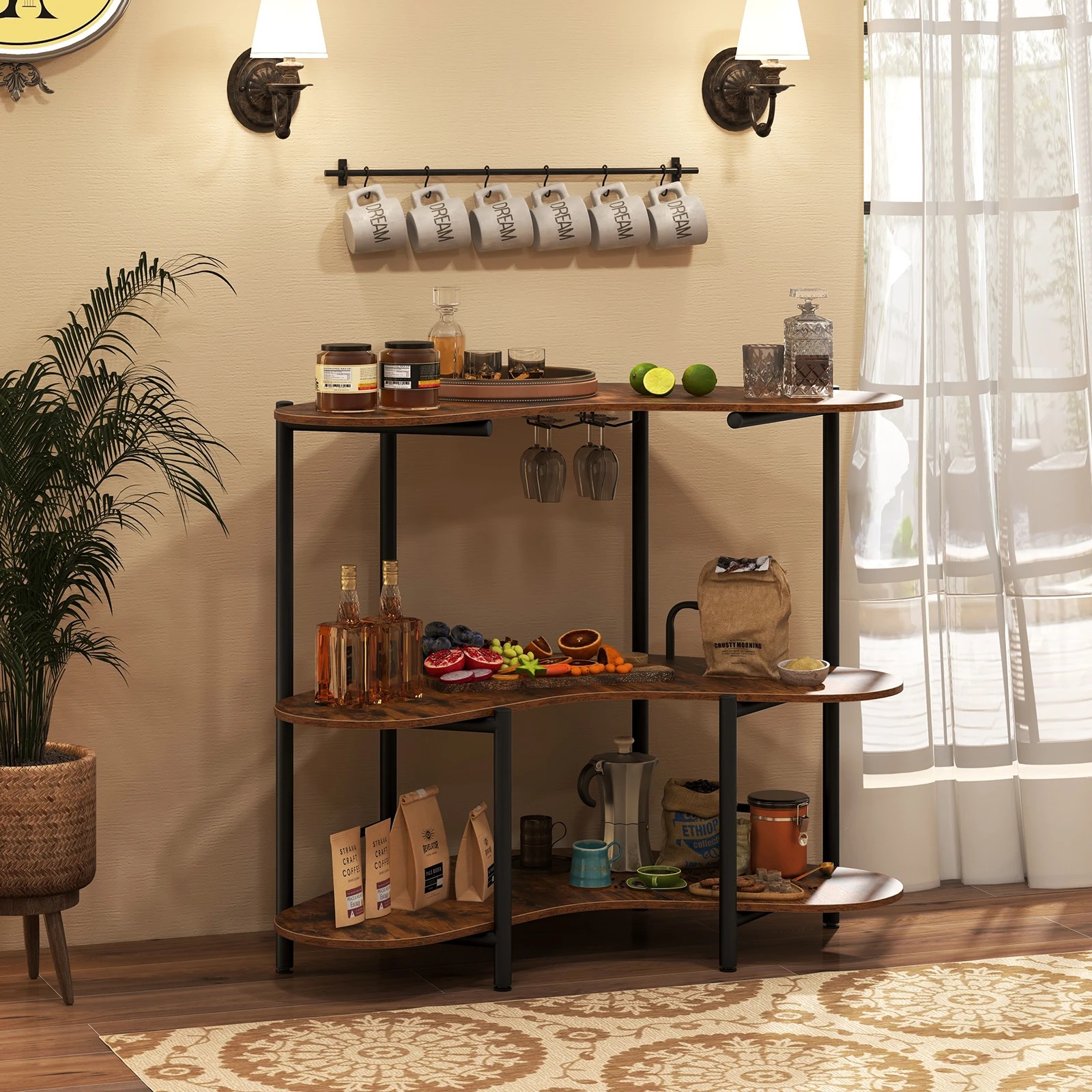 3 Costway 3 Tier Bar Table w/Wine Glass Holder Corner Shelf Side Coffee Table Pub Bistro - Brown, 3 of 4