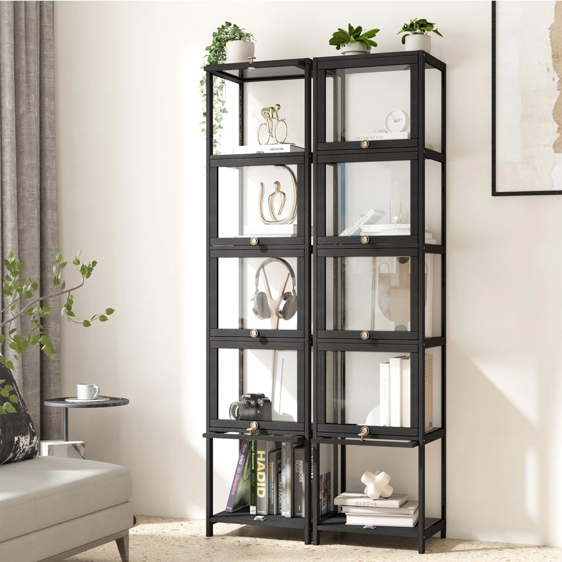 3 Oikiture Display Cabinet Slim Storage 5-tier Shelves Clear Bookcase Rack
 - Black, 3 of 9