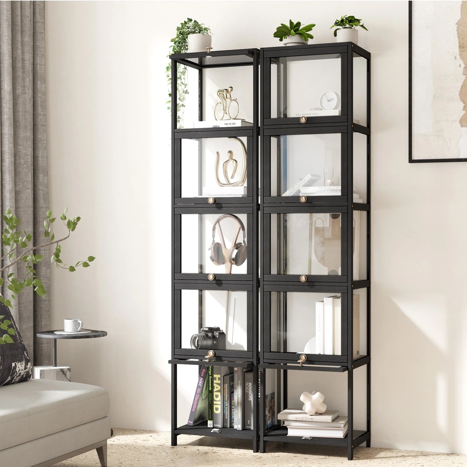 3 Oikiture Display Cabinet Slim Storage 5-tier Shelves Clear Bookcase Rack
 - Black, 3 of 9