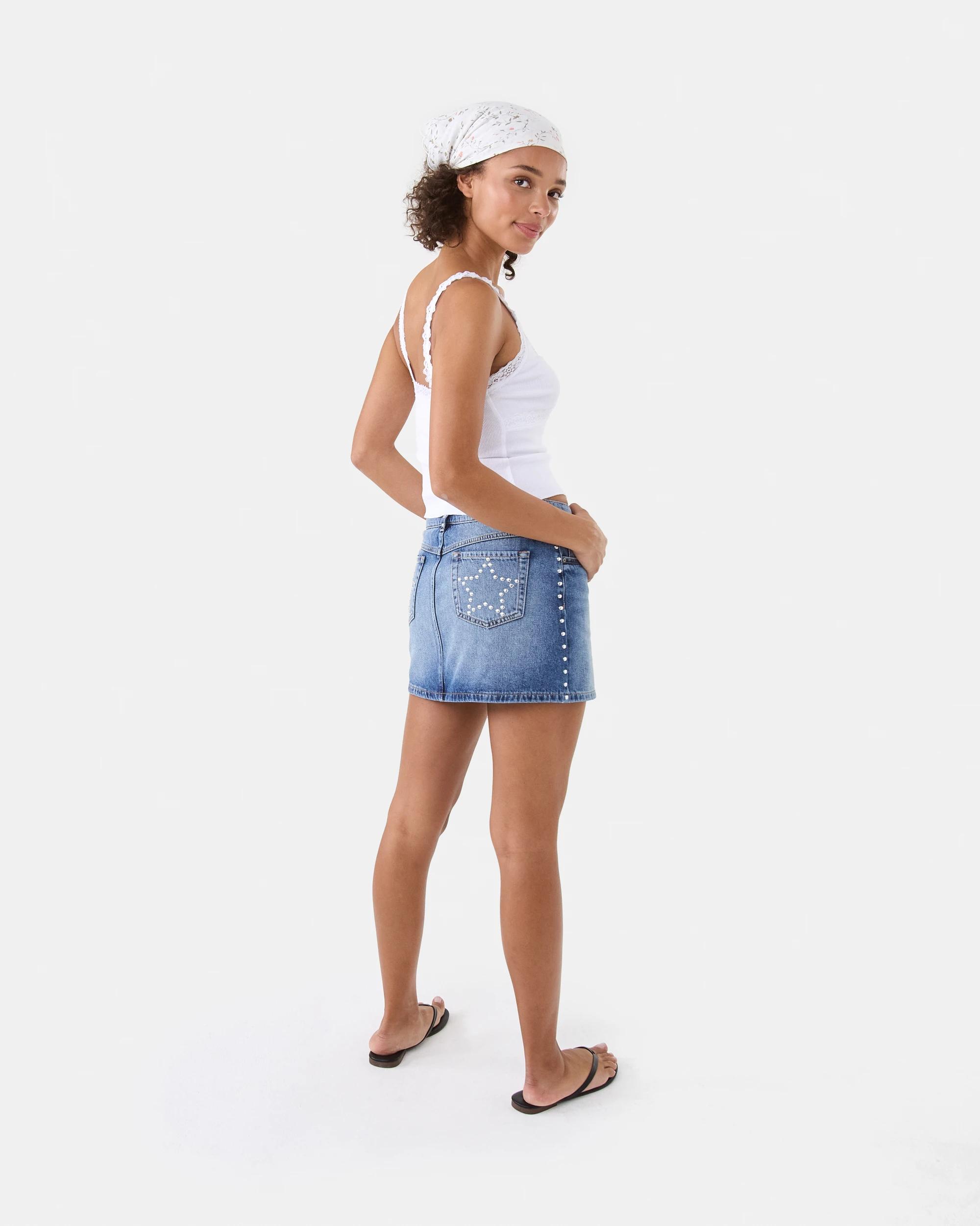 6 Star Studded Denim Mini Skirt Mid Wash, 6 of 9