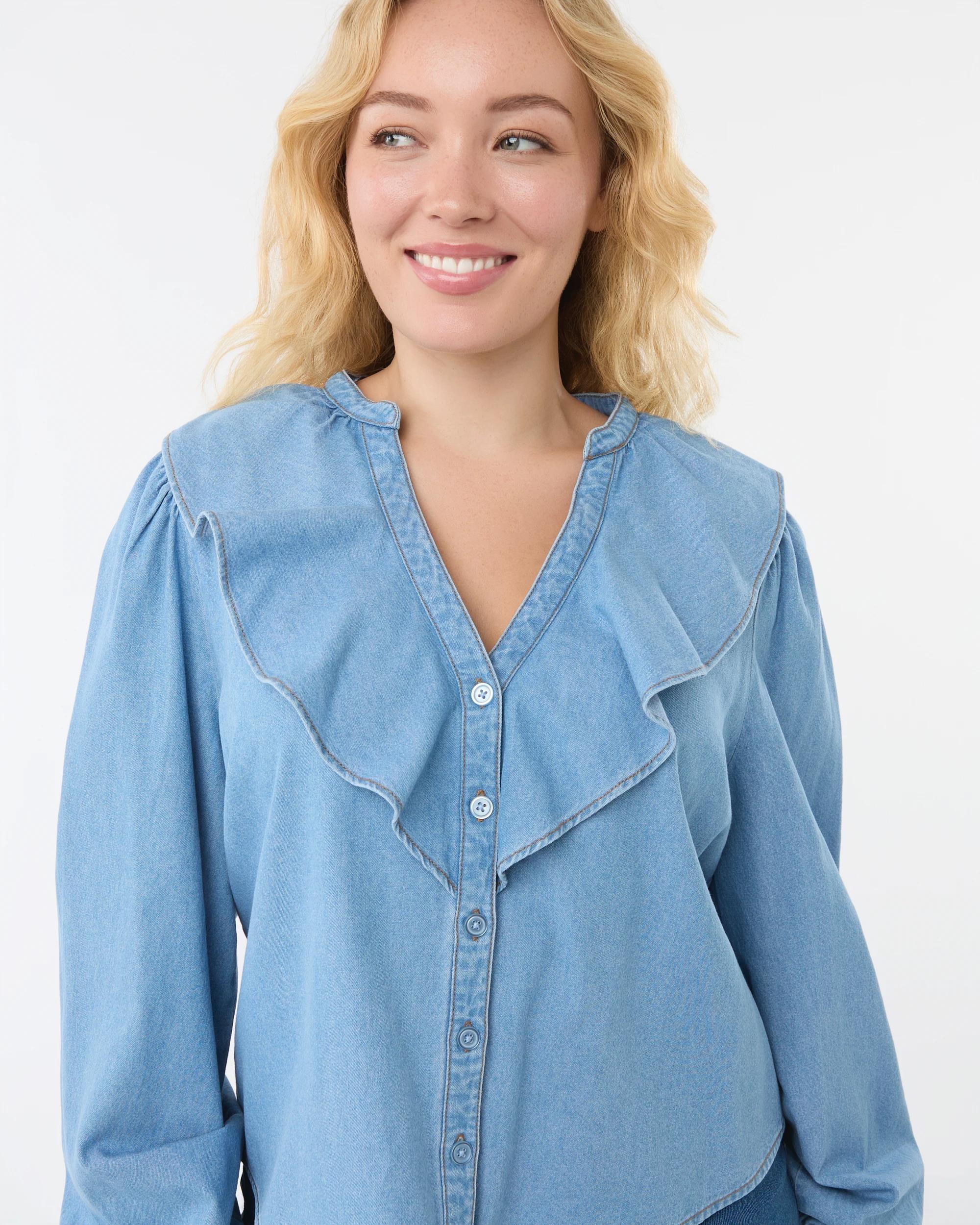 3 Long Sleeve Chambray Frill Button Through Top Light Wash, 3 of 7