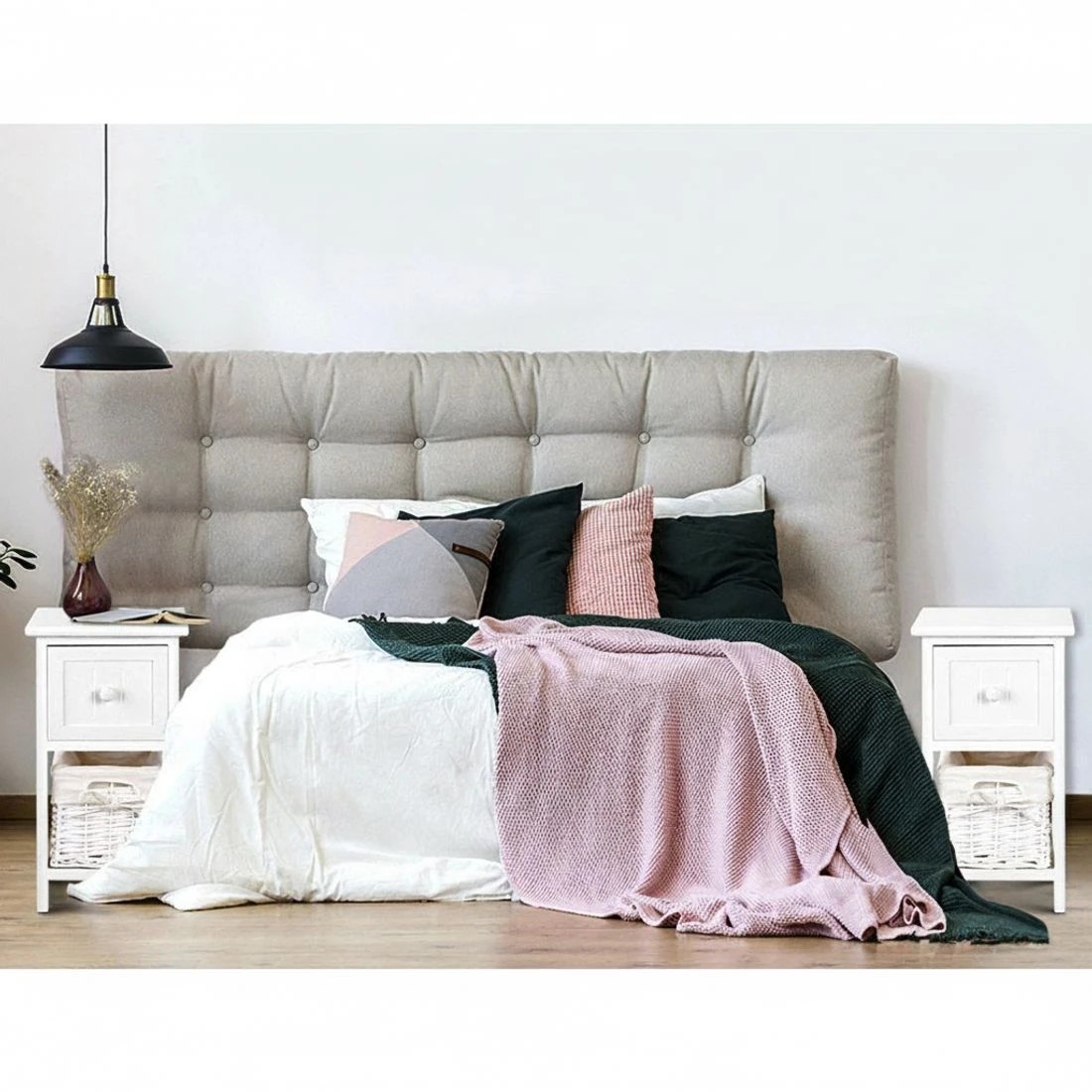 6 Artiss Bedside Table 1 Drawer with Basket Rustic  X2 - White, 6 of 7