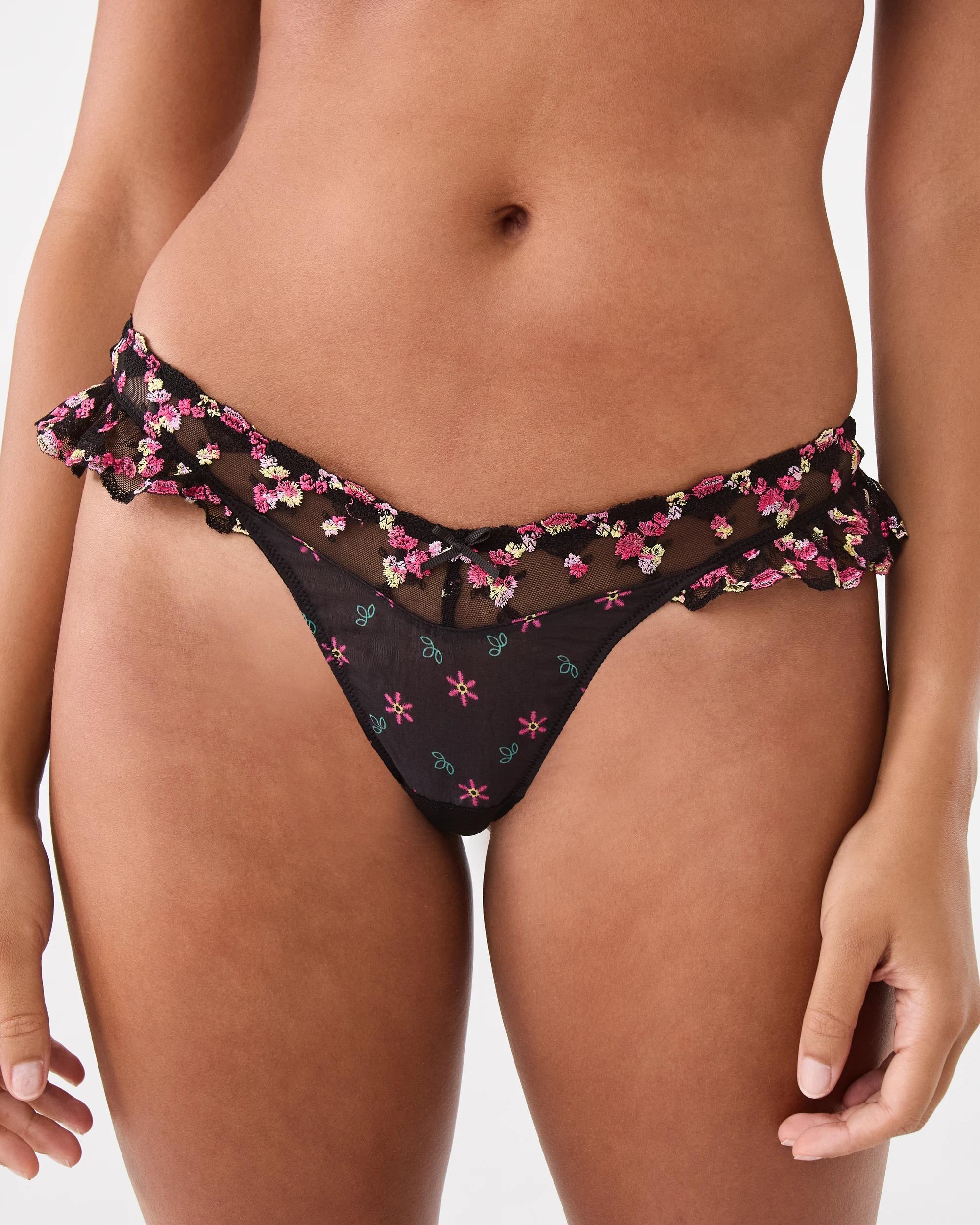 1 Co-ordinated Embroidered Mesh G-String Briefs Flrl Blk