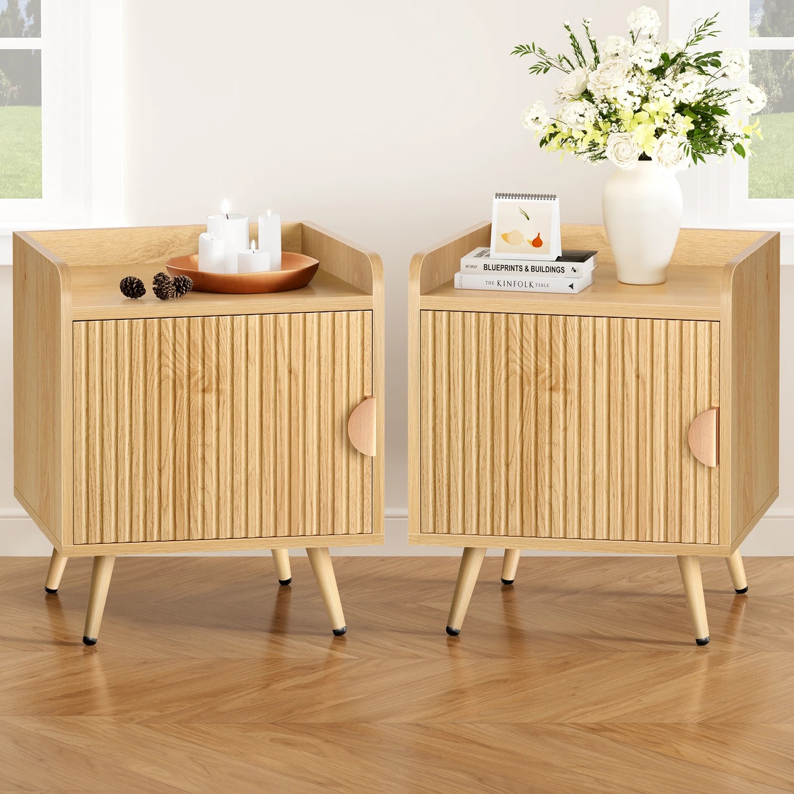 2 Alfordson 2x Bedside Table Cabinet Nightstand Side Storage - Oak, 2 of 10