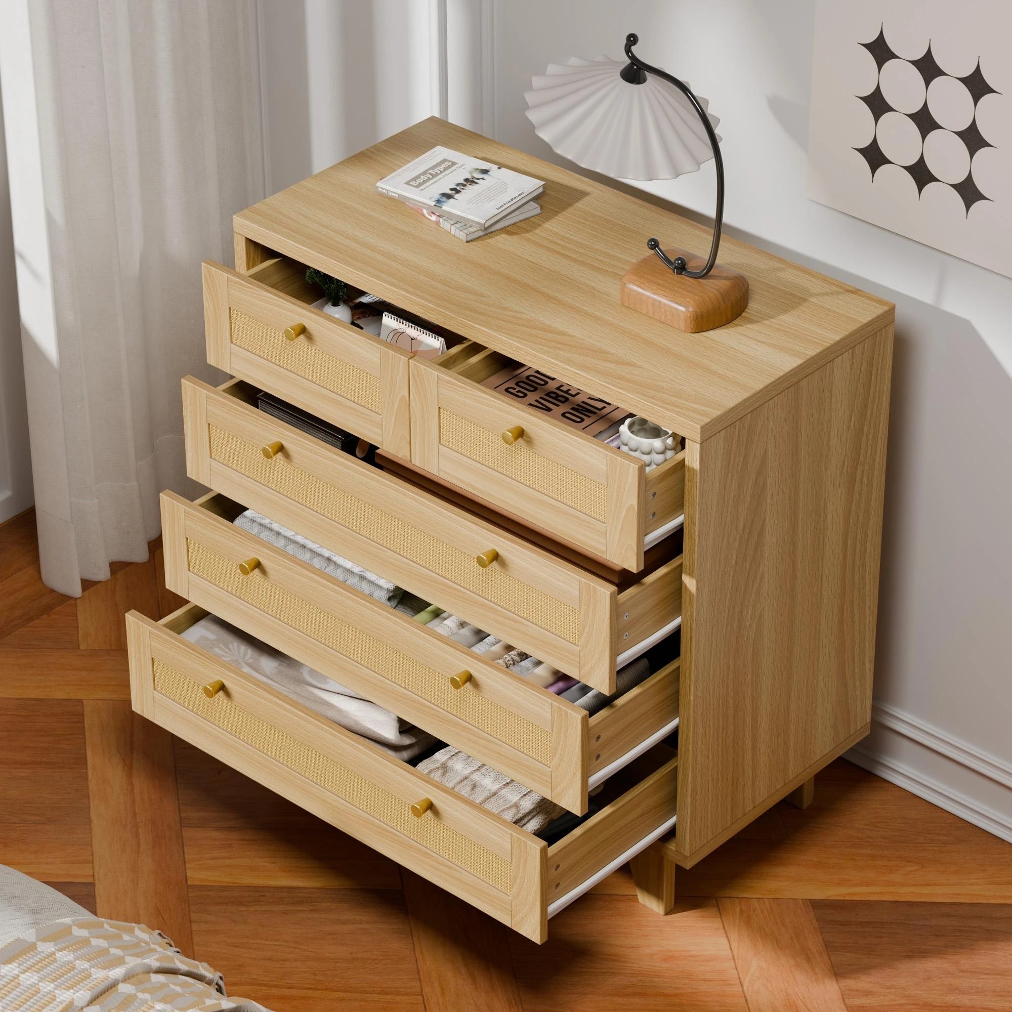 2 Alfordson 5 Chest of Drawers Rattan Storage Cabinet Dresser - Natural, 2 of 10