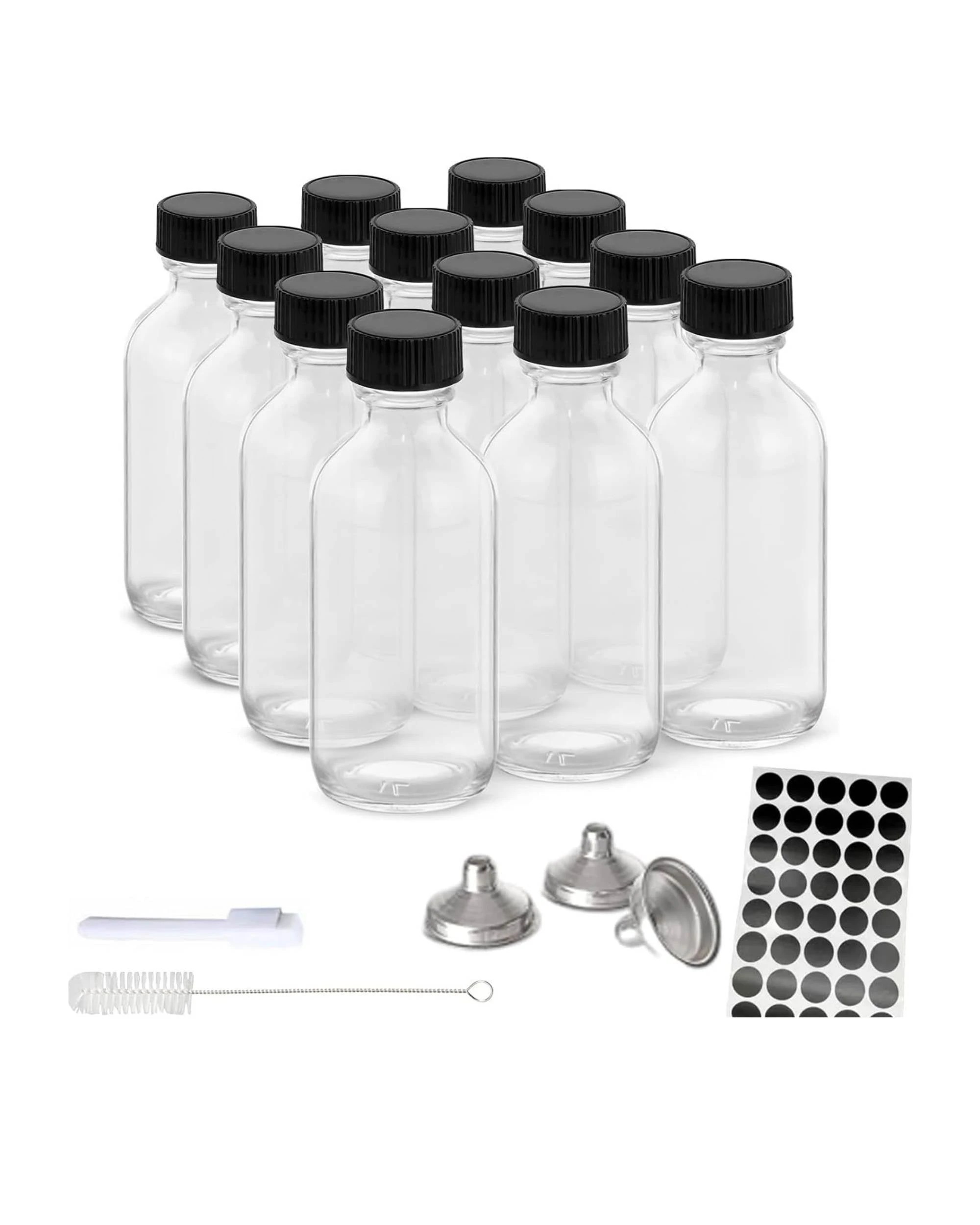 1 Kitchee 12x 60ml Small Glass Bottles + Lids Funnels Brush Labels Pen, 1 of 4