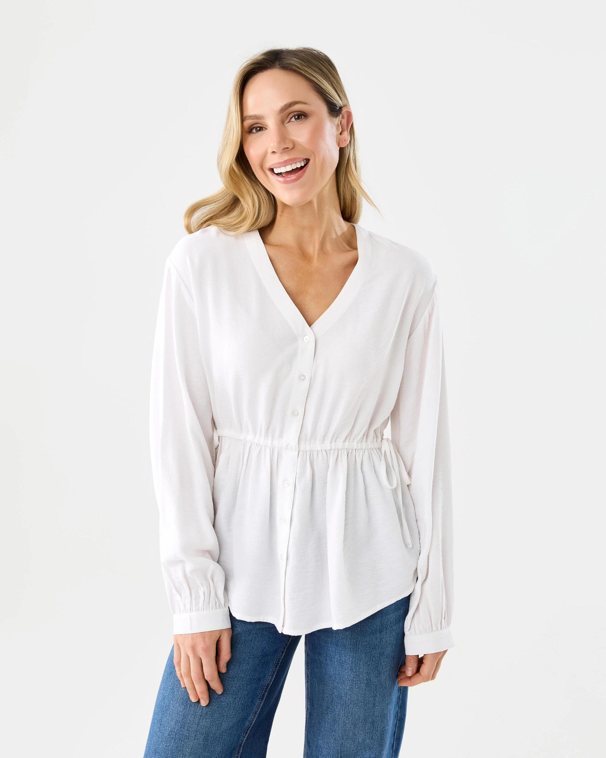 1 Long Sleeve Ruched Tie Top White, 1 of 8