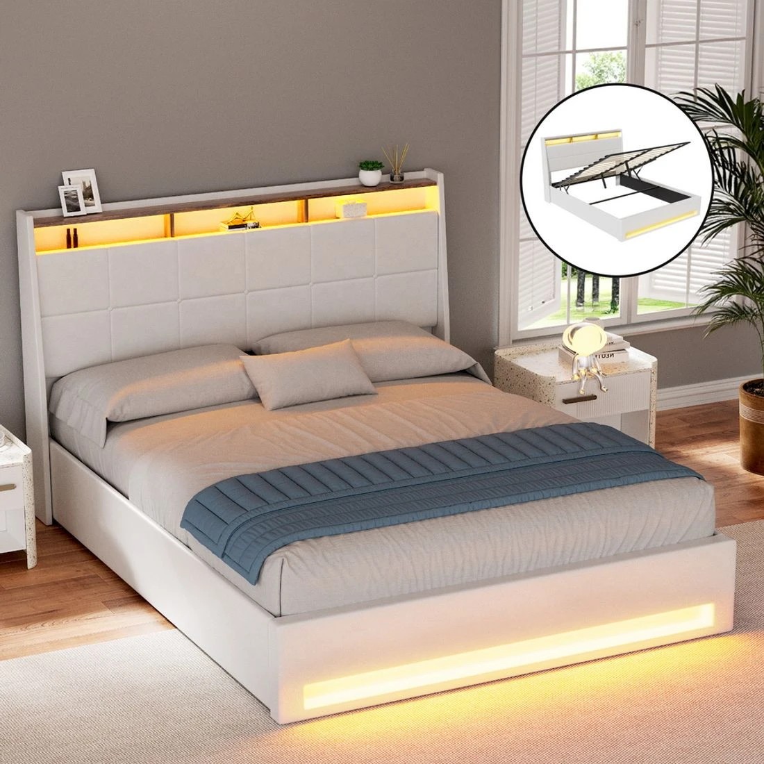 3 Artiss Bed Frame Gas Lift LED Beds Base Platform  PVC Leather Storage Headboard - White, 3 of 7