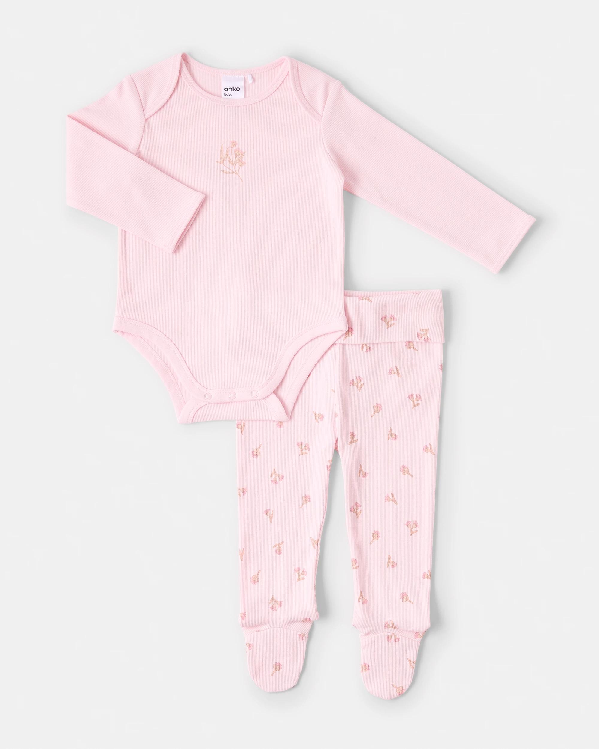 1 2 Piece Cotton Long Sleeve Newborn Set Pink Flrl, 1 of 6