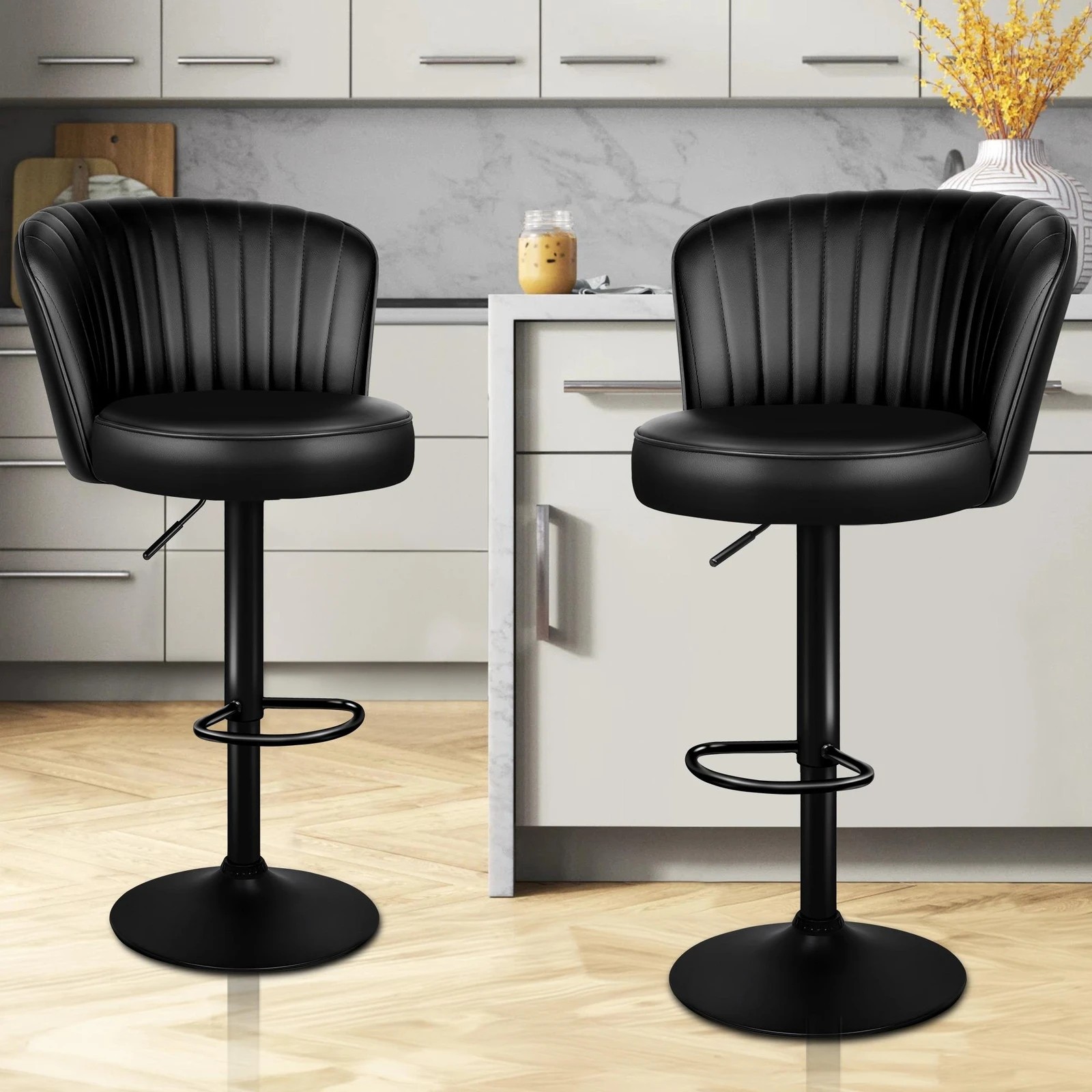 2 Alfordson 2x Bar Stools Gas Lift Leather Bar Chairs Kitchen Swivel - Black, 2 of 10