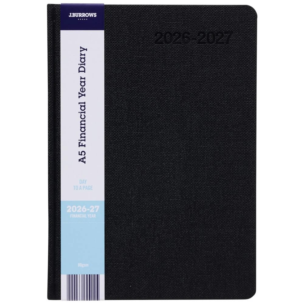 1 J.Burrows A5 Day to Page Textured FY26/27 Diary Black, 1 of 6
