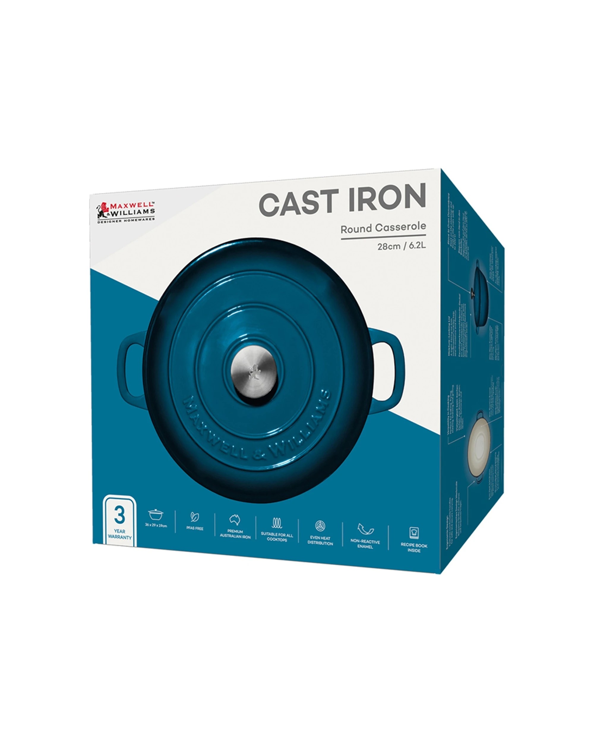 4 Maxwell & Williams Cast Iron Round Casserole 28cm 6.2l Oven Safe Cookware
 - Blue, 4 of 4