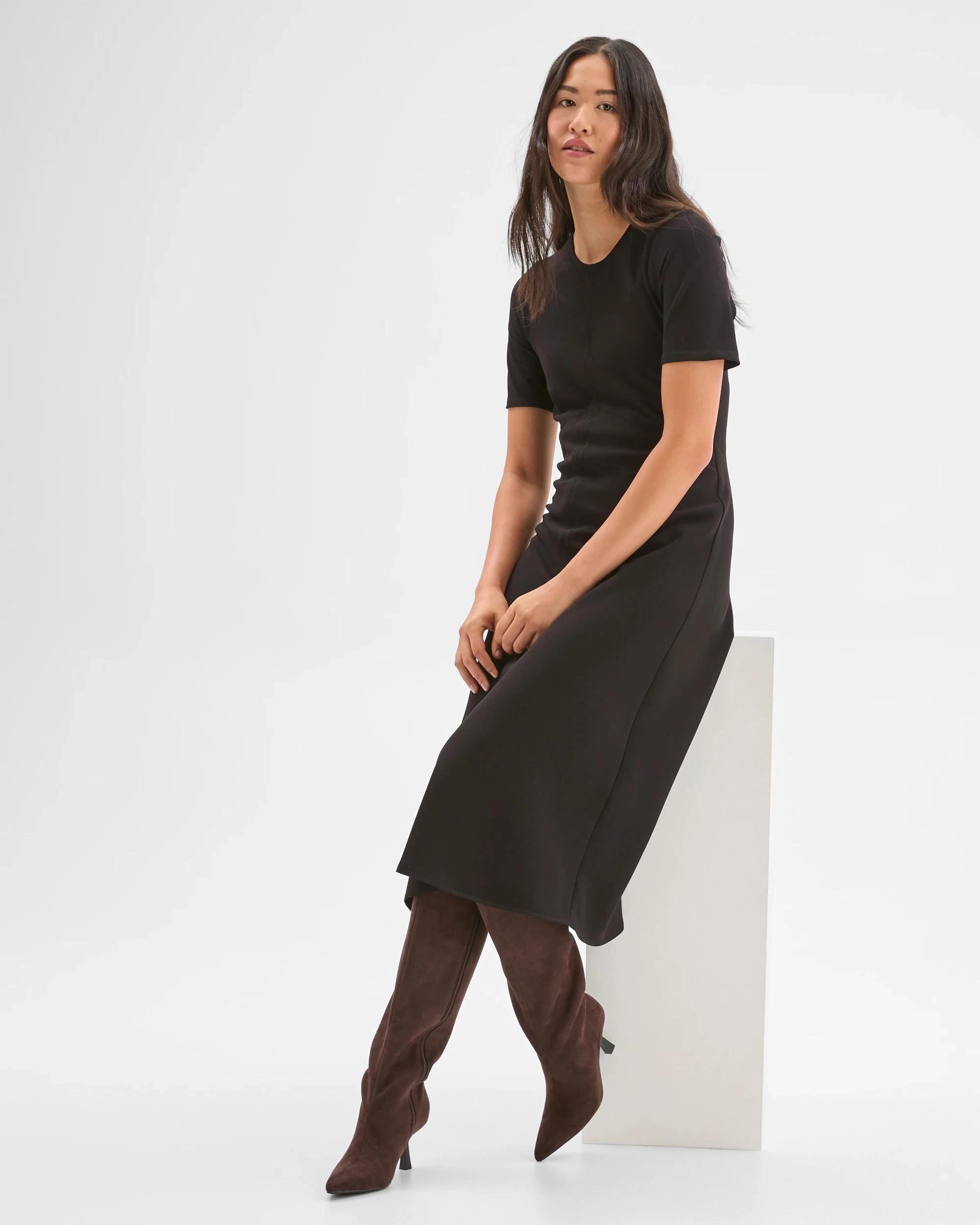 1 Preview Short Sleeve Midi Crepe Woven Dress BLACK, 1 of 7