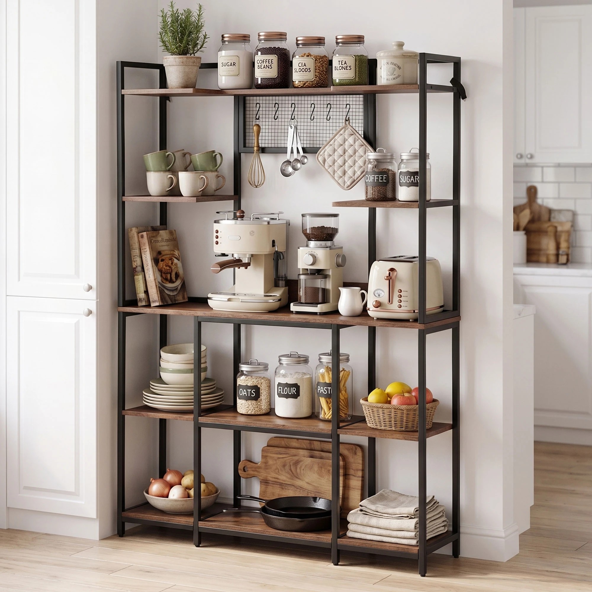 9 Artiss Kitchen Rack with 6 Hooks Microwave Storage Shelf 120cm x 170cm - Brown, 9 of 9