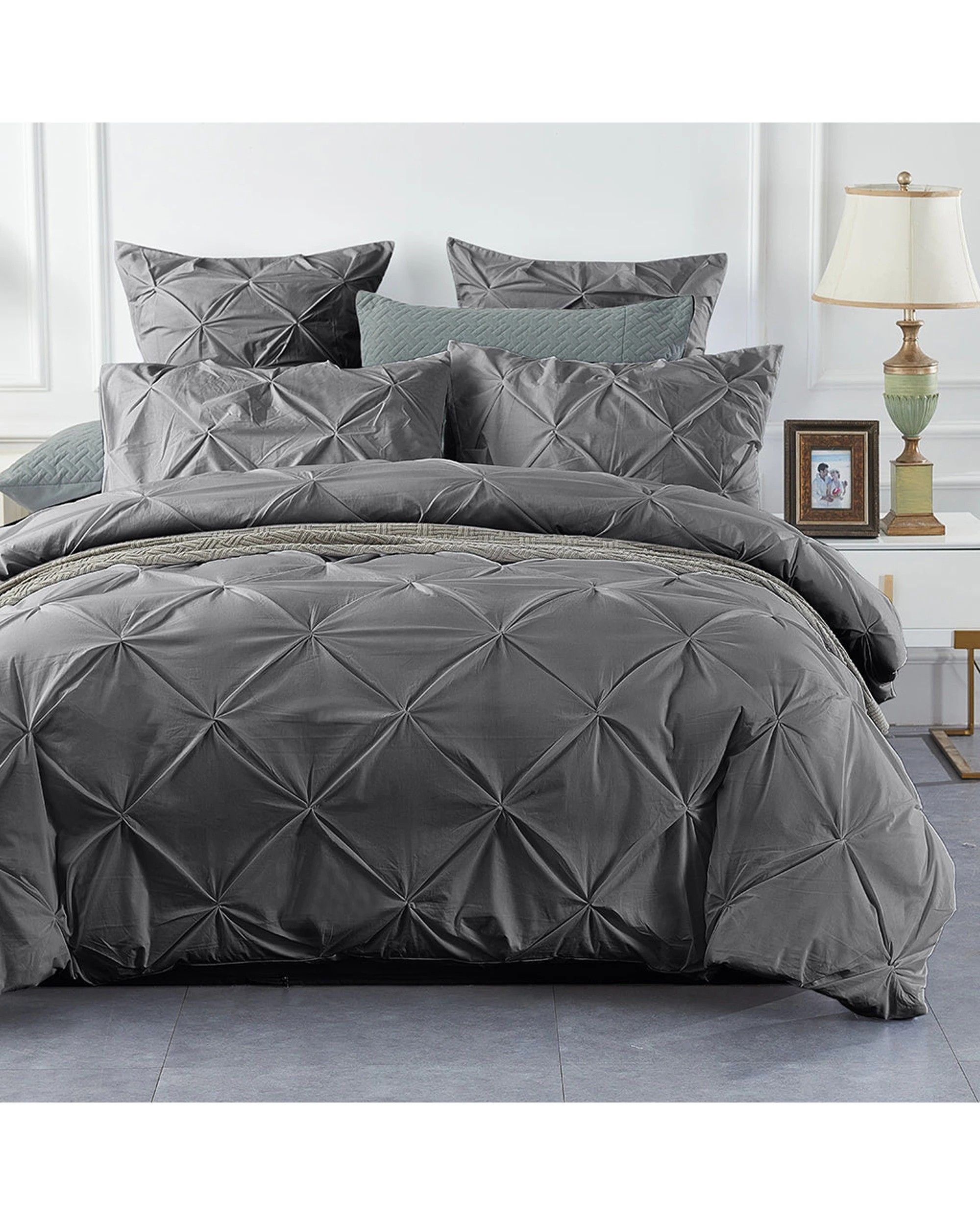 1 Cotton More 100% Cotton Diamond Pinch Pleated Pintuck Doona Quilt Cover Single Steel - Grey, 1 of 7