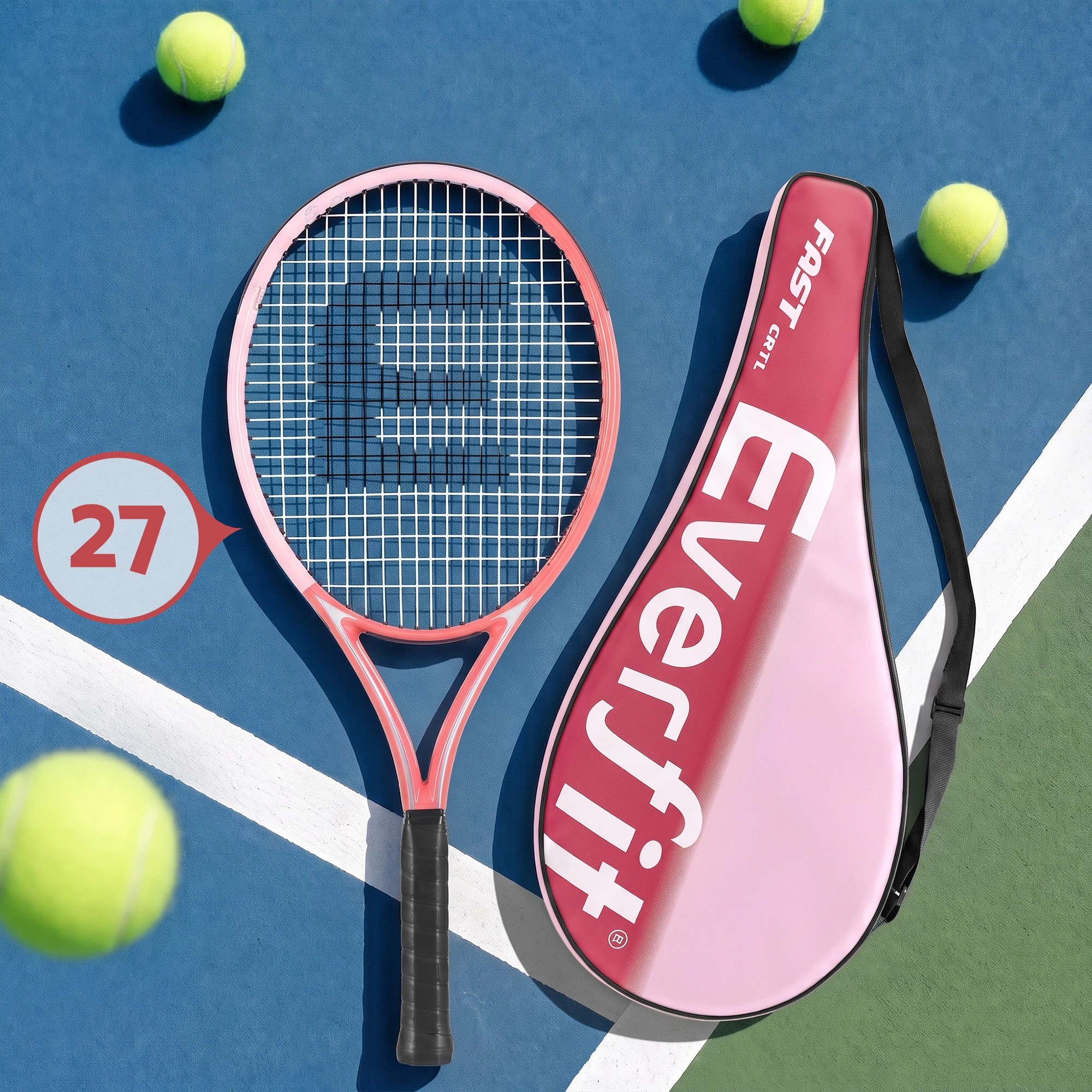 9 Everfit 27 Inch Tennis Racket Lightweight Adult Racquet with Larger Head and Cushioned Grip for Beginners - Pink, 9 of 9