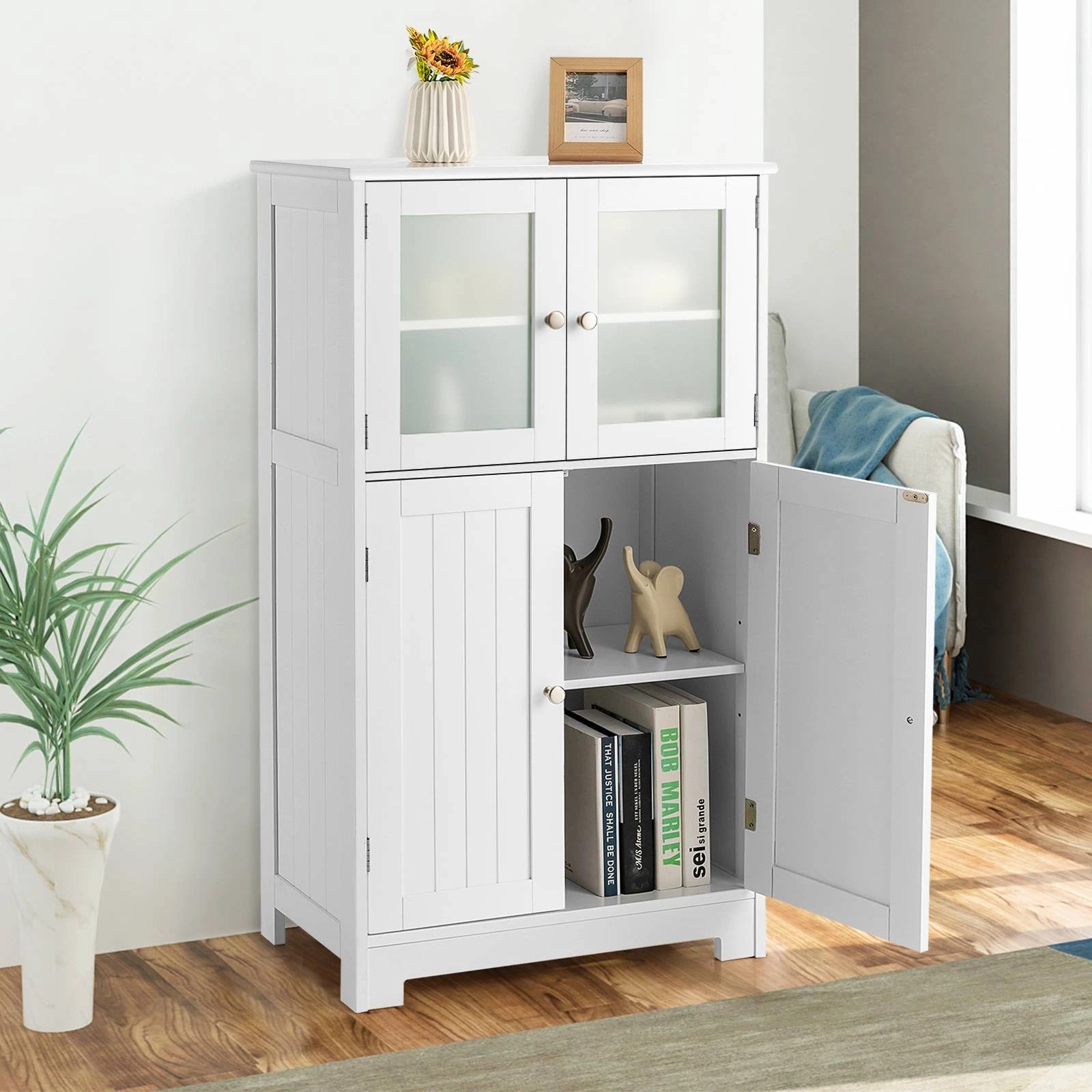 2 Costway Bathroom Cabinet Toilet Storage Cupboard Organizer w/Shelf & 4 Doors - White, 2 of 3