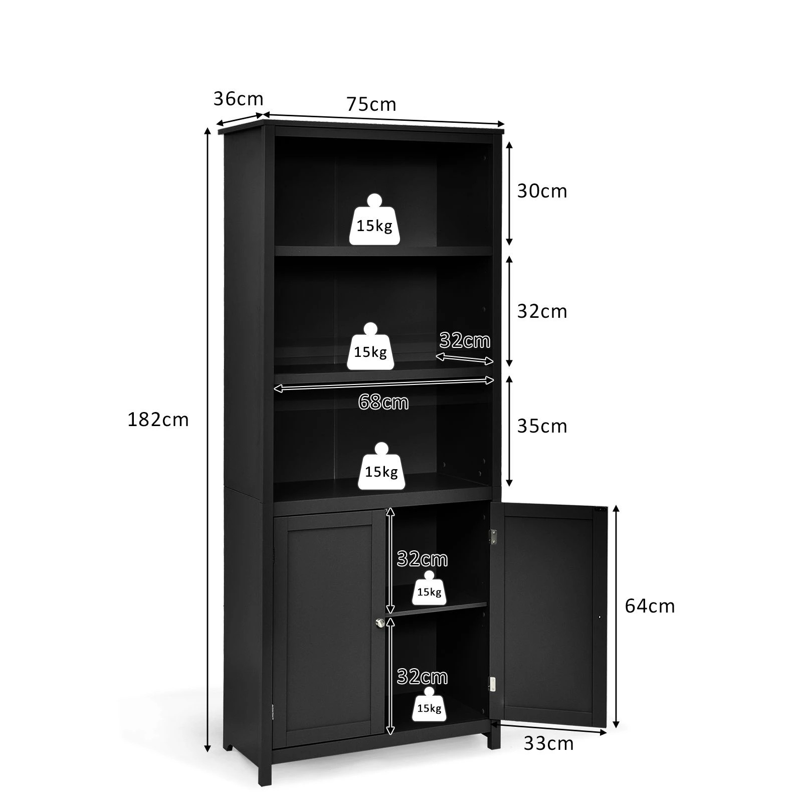 3 Costway 180cm Tall Bookcase Wooden Bookshelf Storage Organizer Display Shelf w/3 Open Shelves - Black, 3 of 4