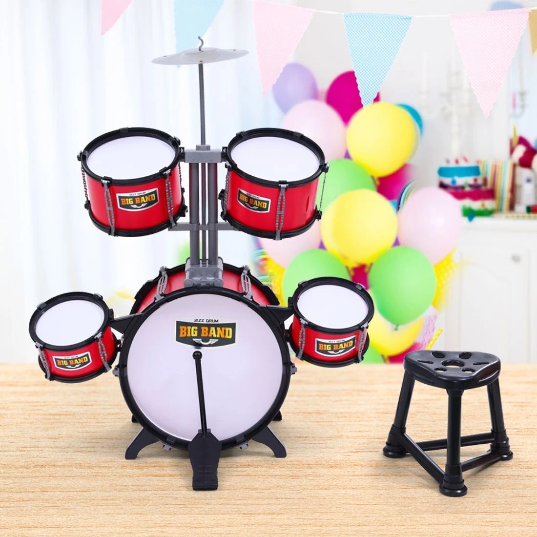 3 Keezi Kids Drum Kit Set Pretend Play Junior Drums Musical Toys Childrens 7pcs - Red, 3 of 6