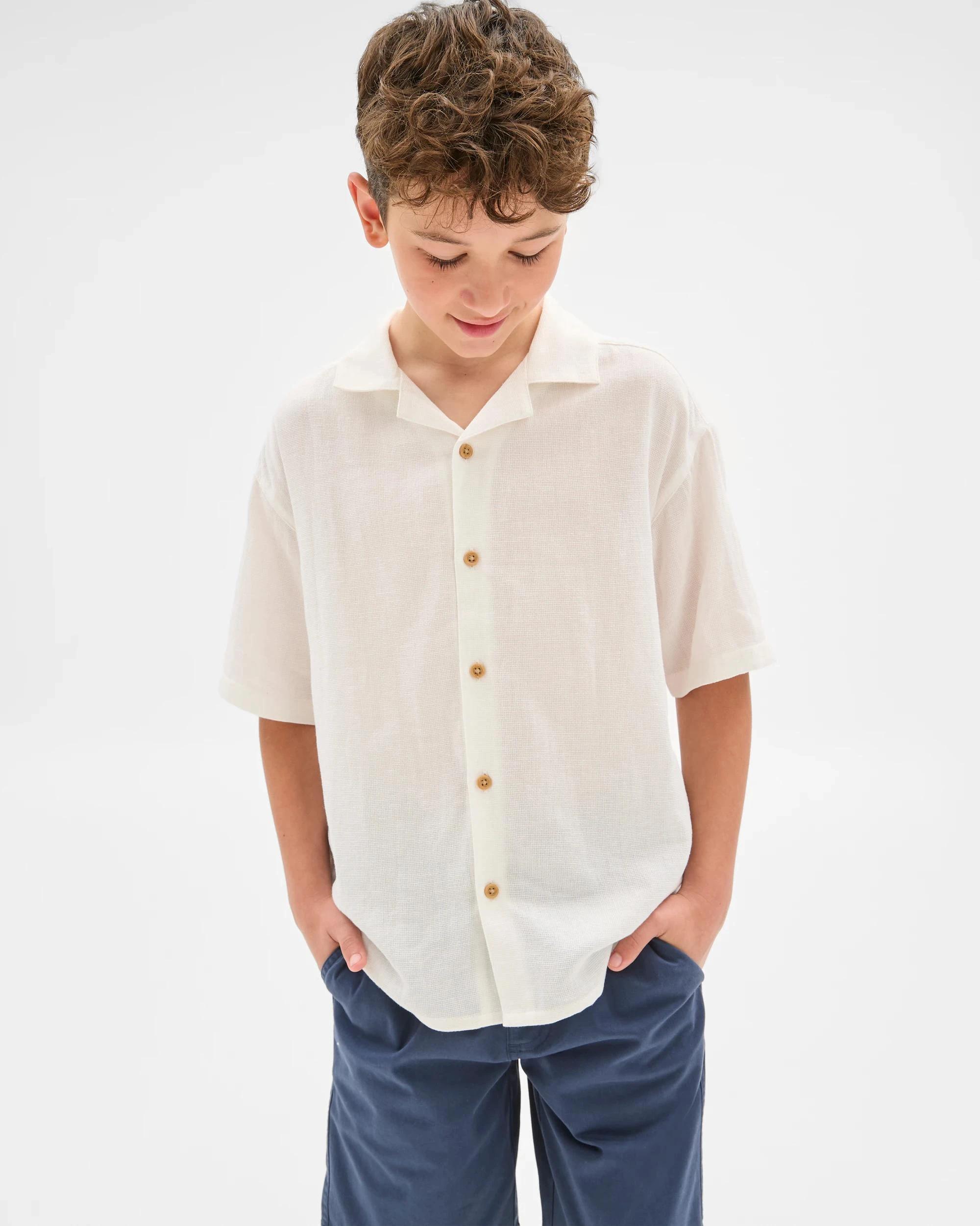 1 Target Cotton Linen Blend Short Sleeve Textured Shirt CREAM, 1 of 6