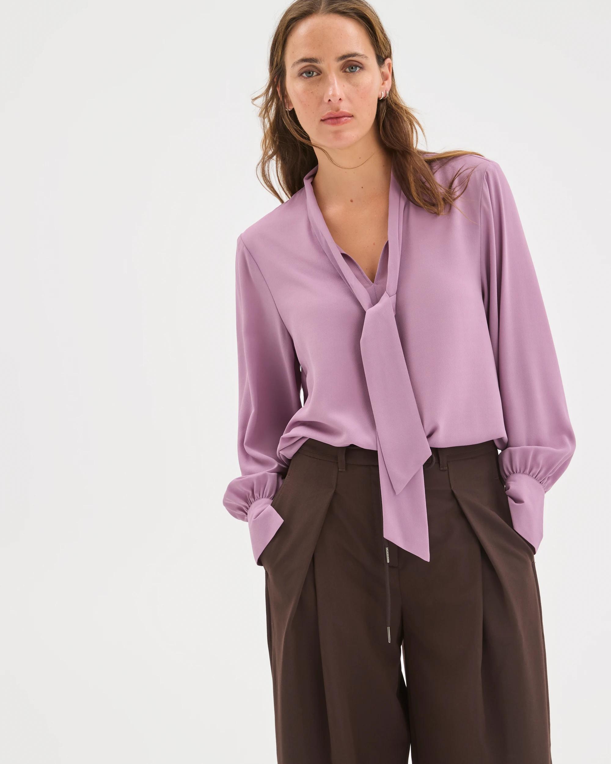 1 Preview Long Sleeve Tie Neck Blouse BERRY CREAM, 1 of 7