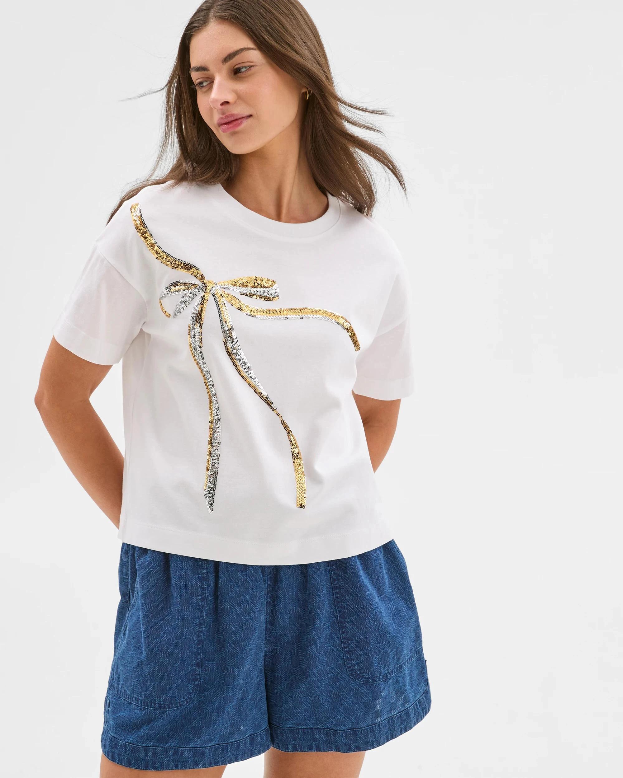 2 Target Petites Australian Cotton Boxy Cropped T-shirt WHITE/SEQUIN BOW, 2 of 6