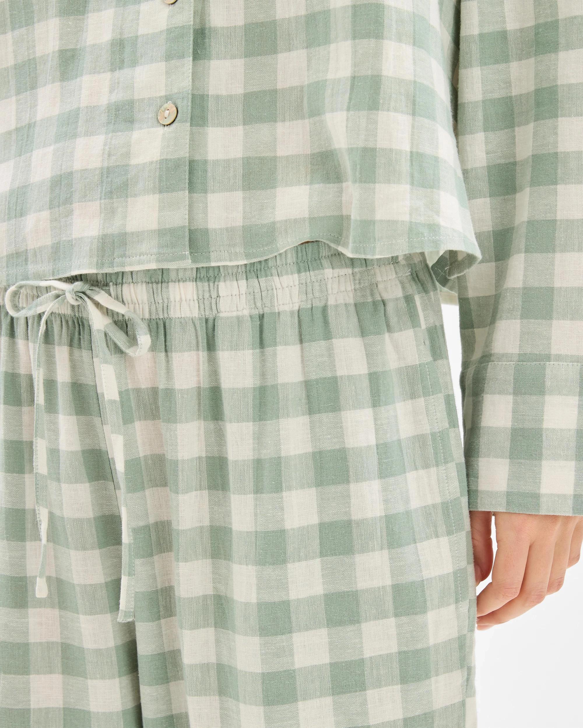 3 Target Womens Linen Blend Gingham Shirt and 7/8 Length Pant Pyjama Set JADEITE GREEN, 3 of 5